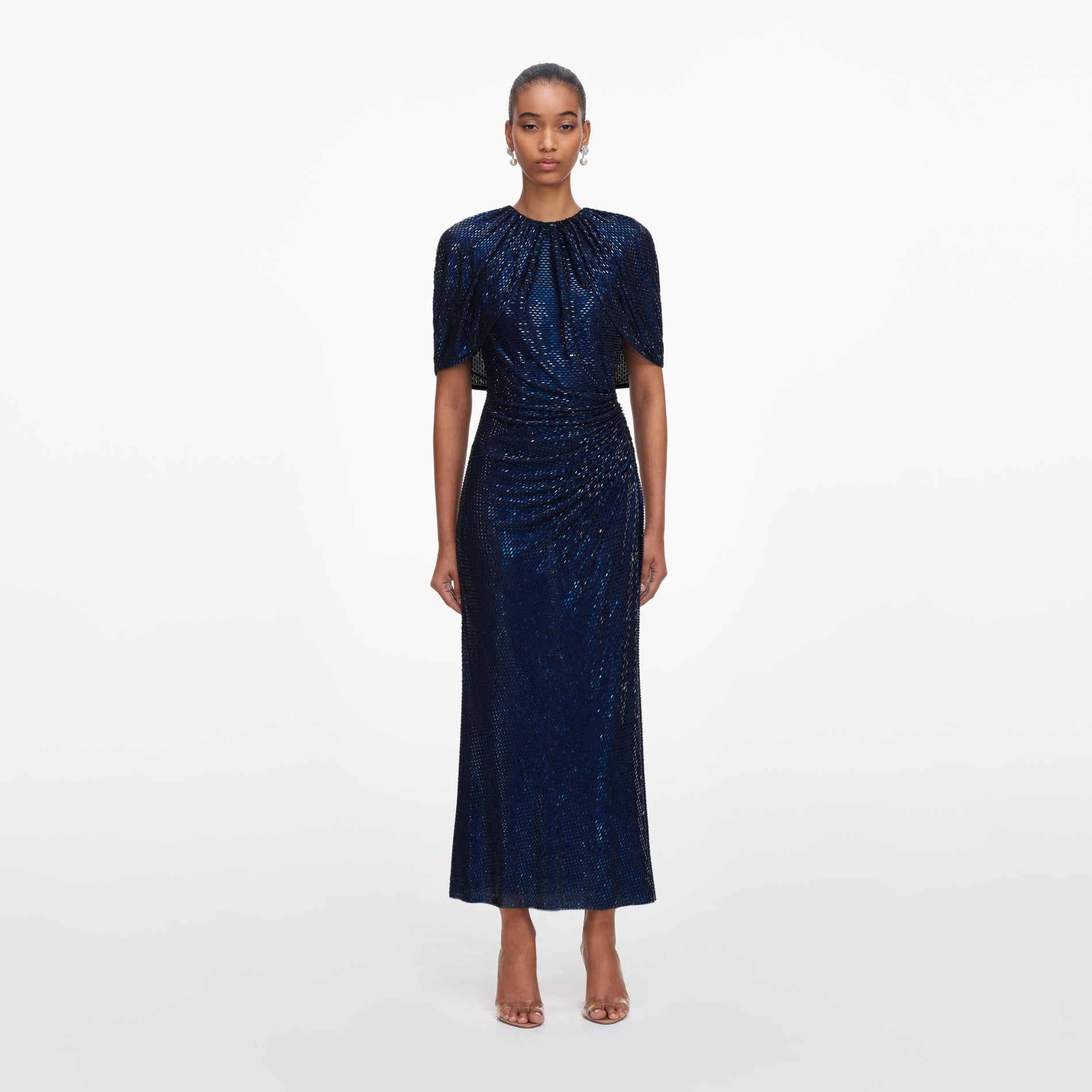 Front view of a woman wearing the Navy Rhinestone Cape Sleeve Midi Dress