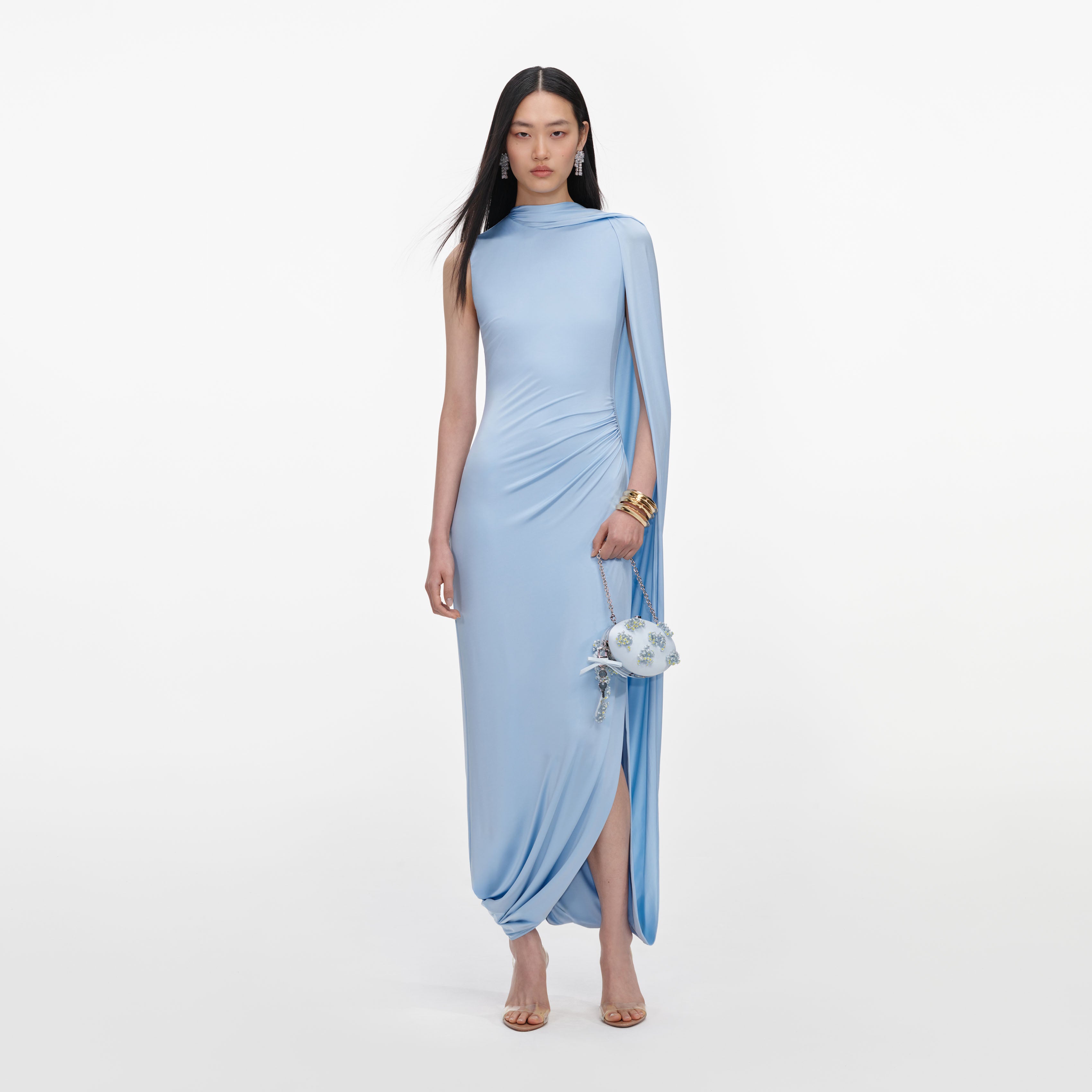 Blue Jersey Draped Maxi Dress – self-portrait-US