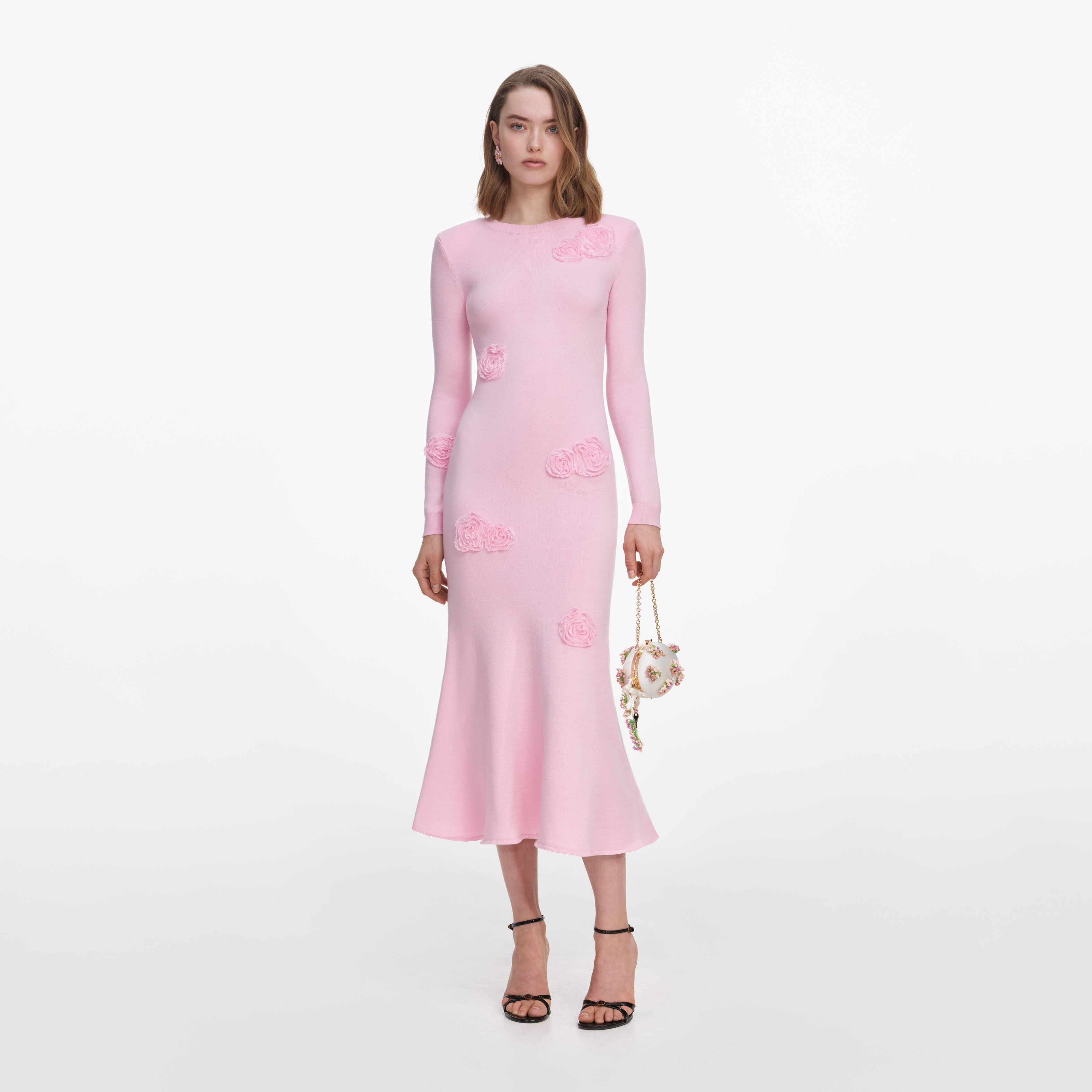 pink midi dress long sleeve self-portrait - Pink Flower Knit Midi Dress