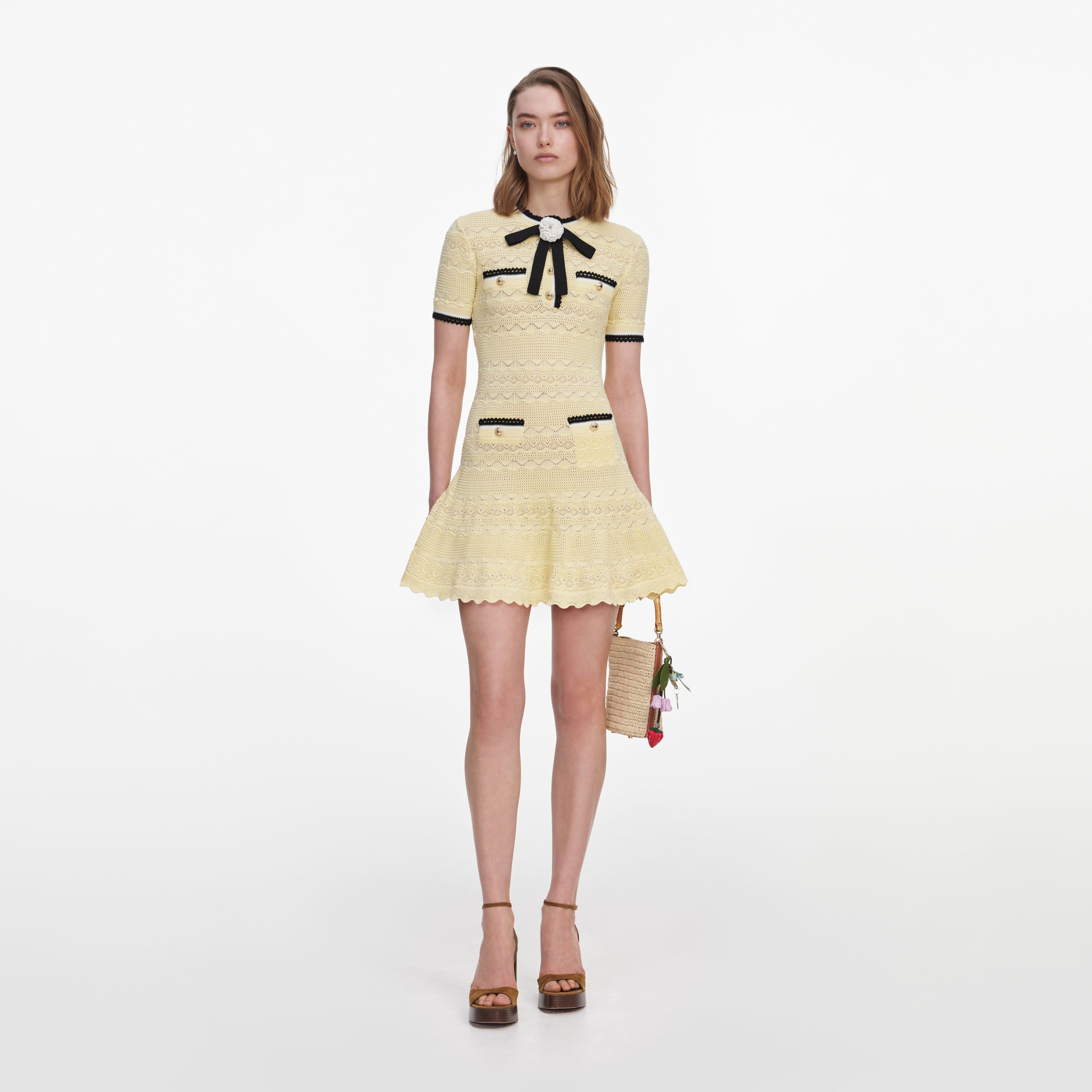 self portrait yellow knit dress SELF-PORTRAIT Button-Embellished Ribbed-Knit Midi Dress