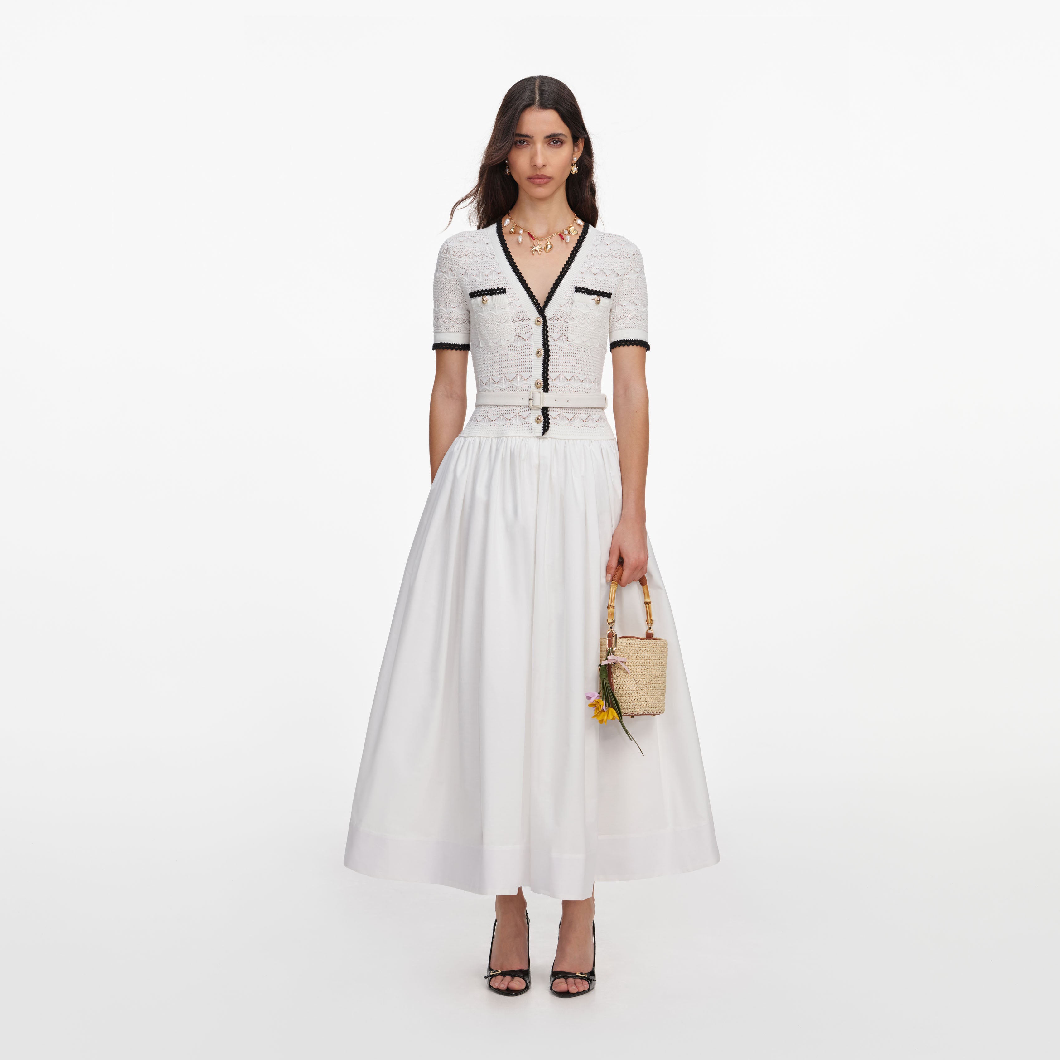 self-portrait - White Knit Linen Midi Dress