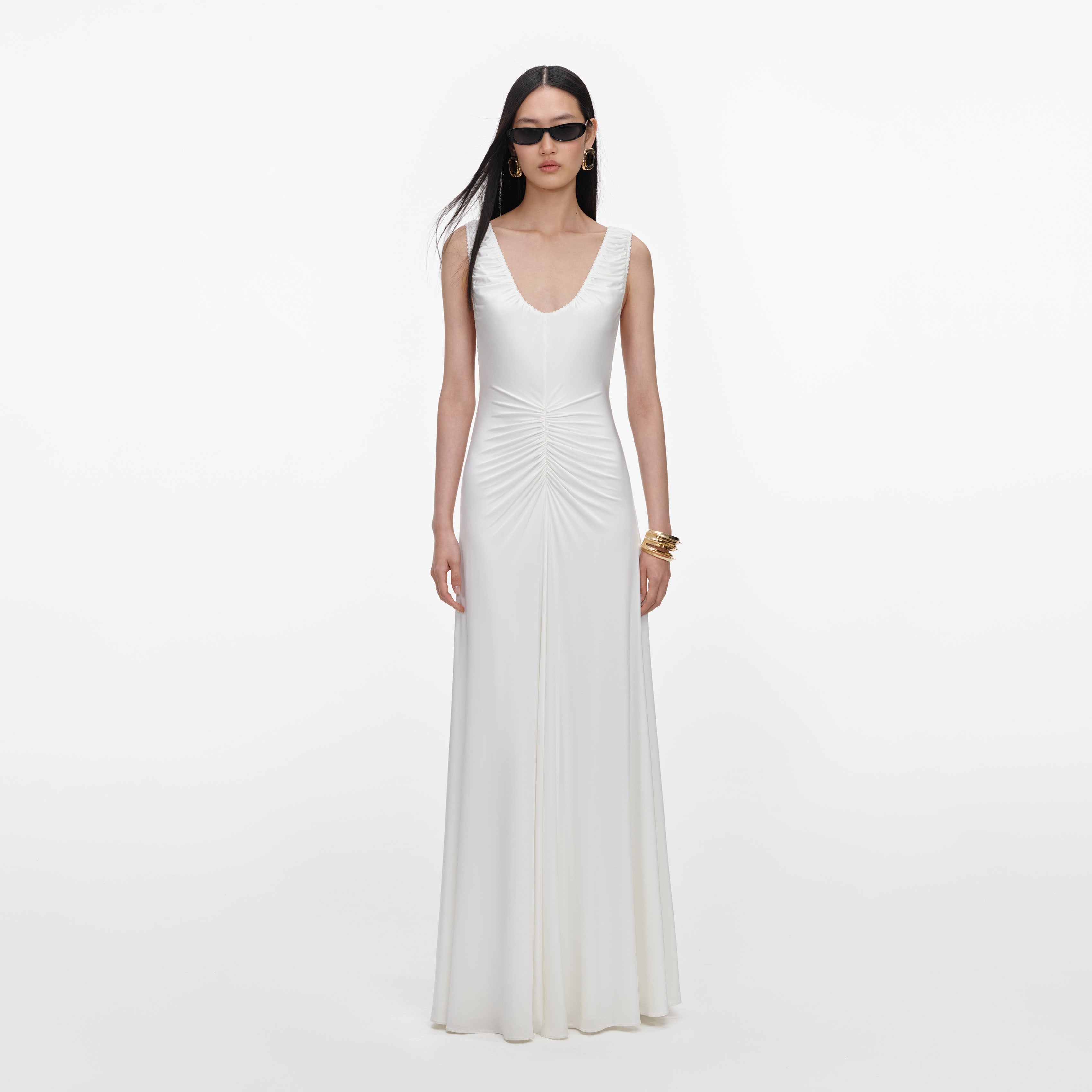 White Jersey Ruched Maxi Dress – self-portrait-US