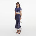 Navy Polka Dot Satin Midi Skirt