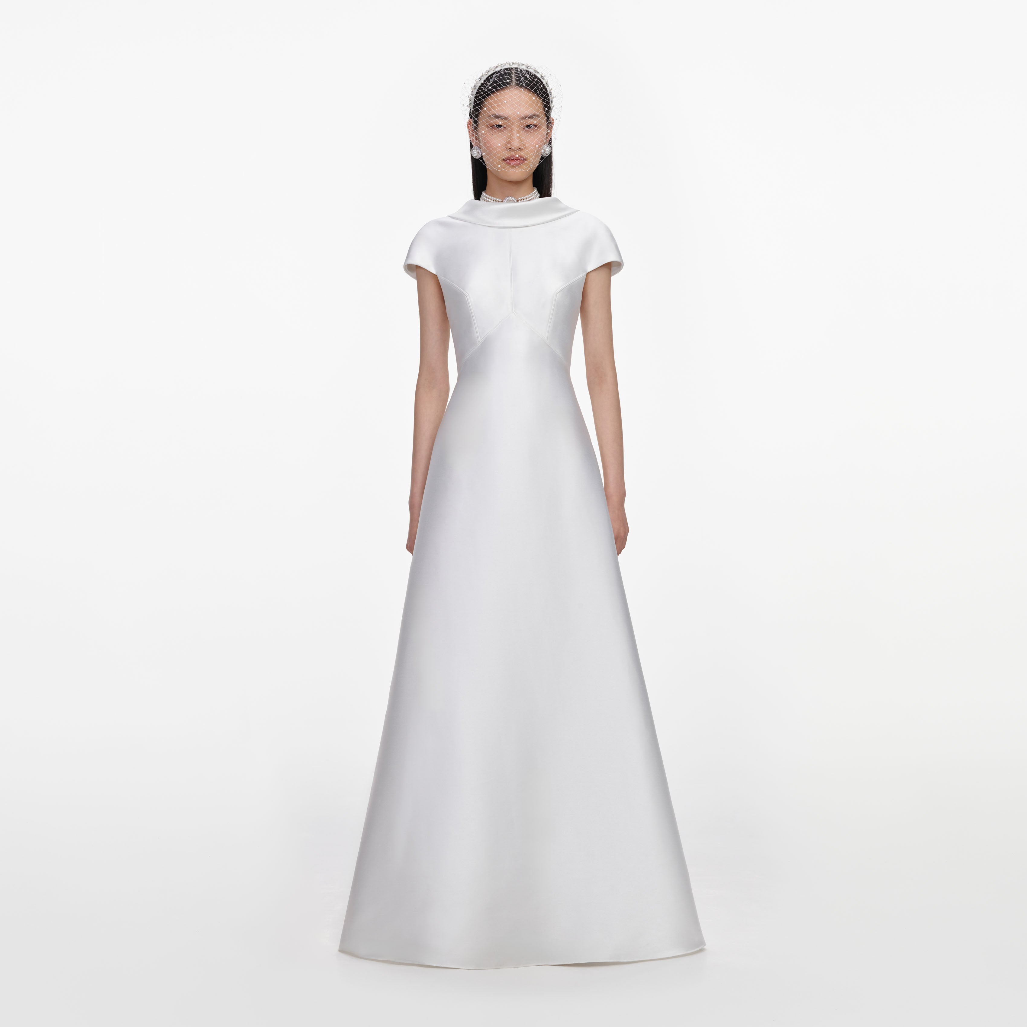 White Taffeta Collared Maxi Dress