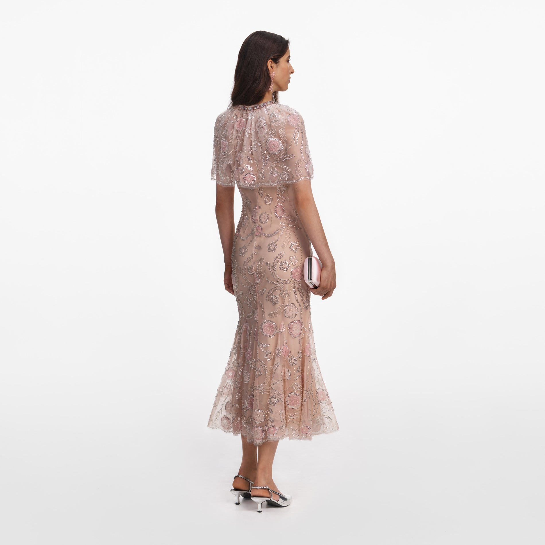 Pink Embellished Cape Midi Dress