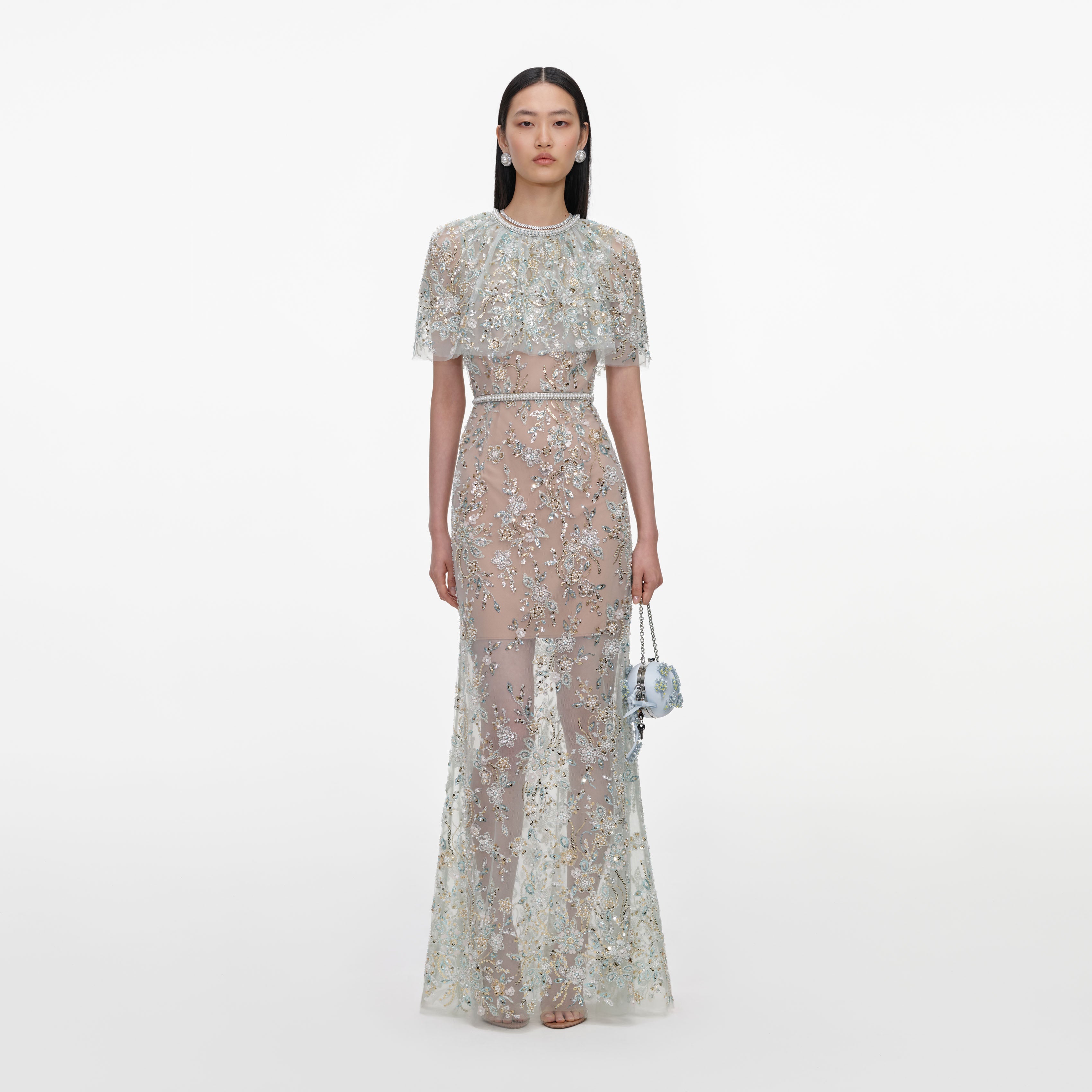 self-portrait - Mint Embellished Cape Maxi Dress