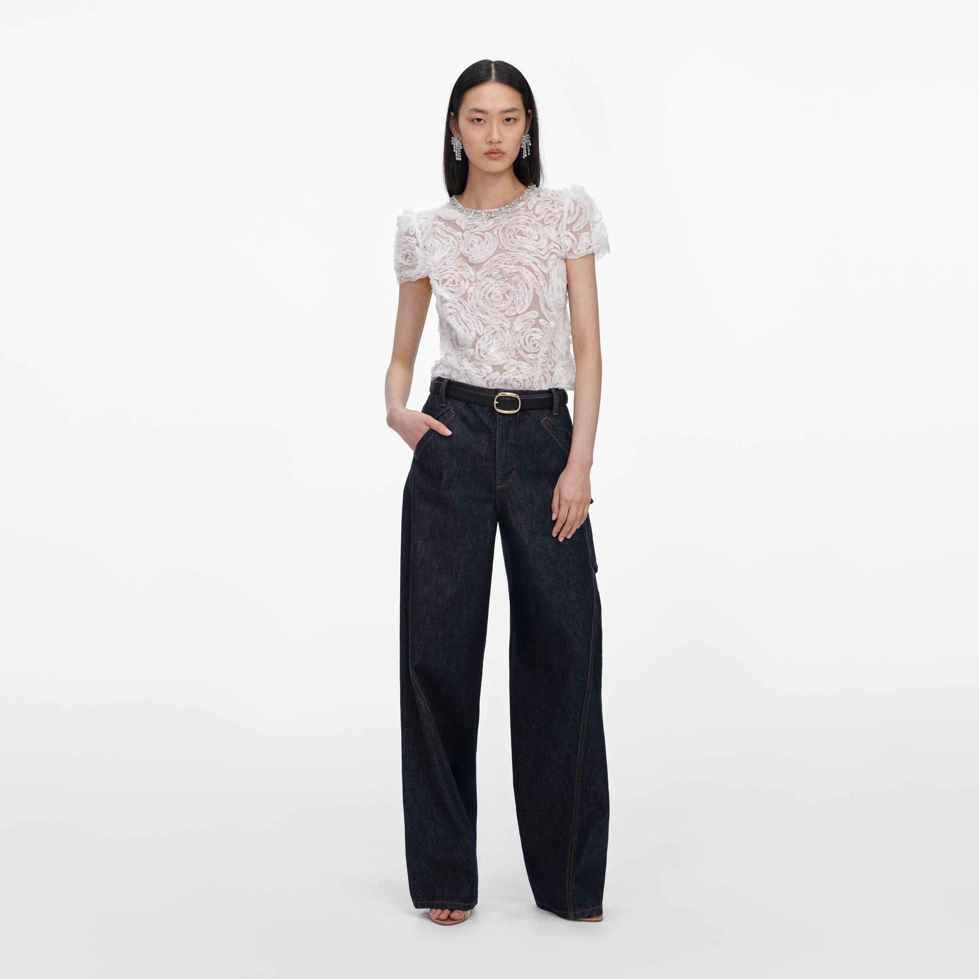 self-portrait フラワートップス Self-Portrait Satin 3D Sequined Flower Top | Neiman Marcus