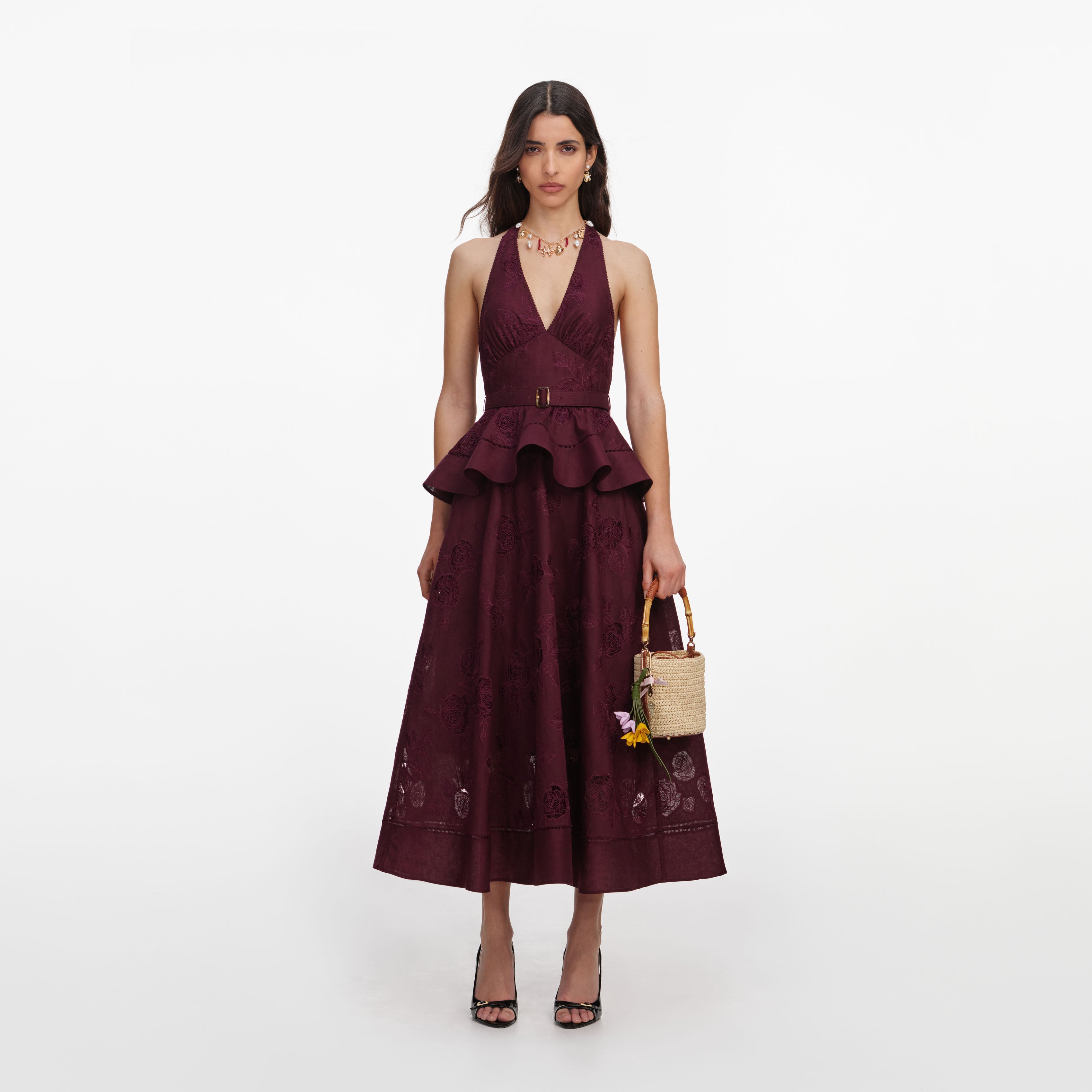 self-portrait - Plum Linen Blend Peplum Midi Dress