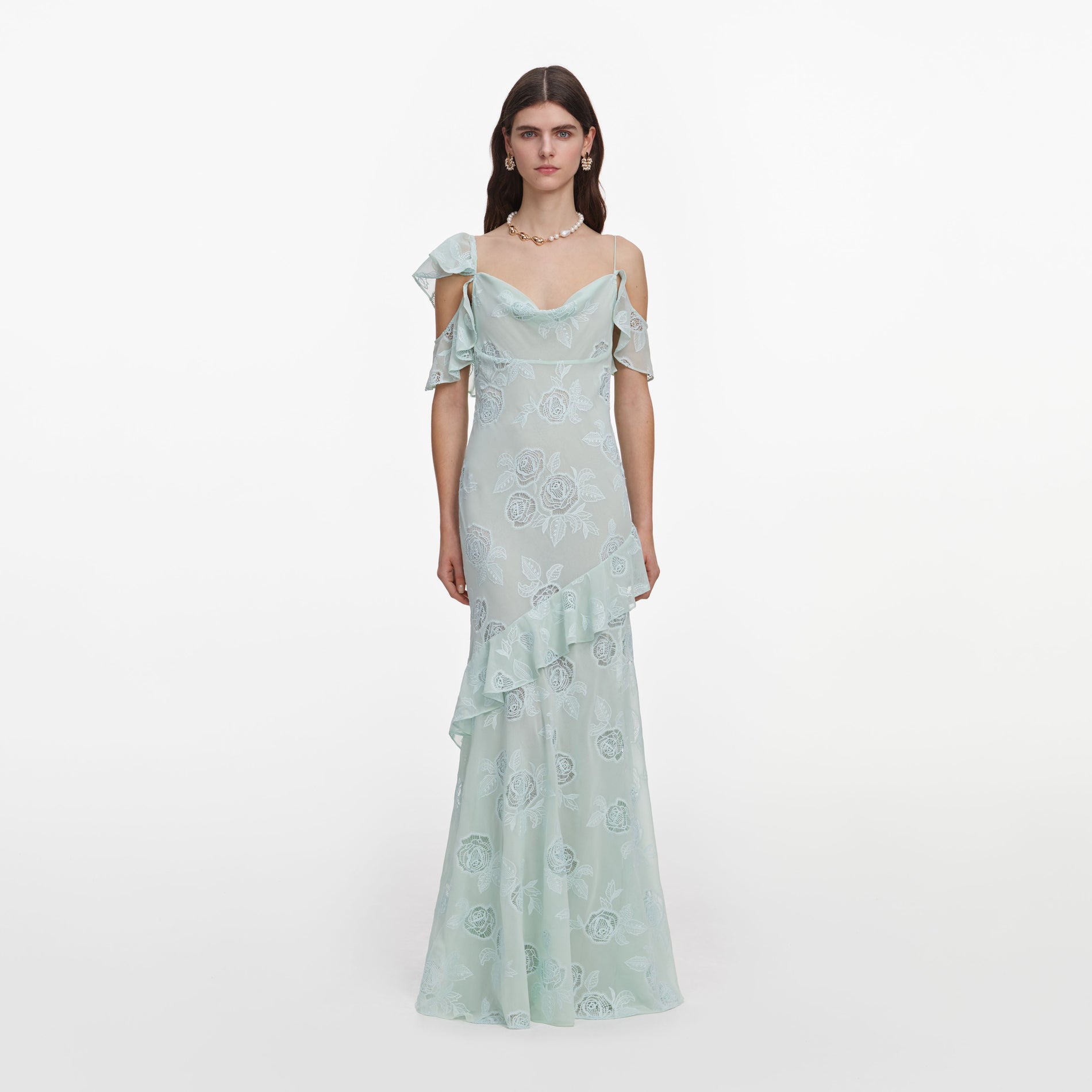 Front view of a woman wearing the Mint Embroidered Georgette Maxi Dress