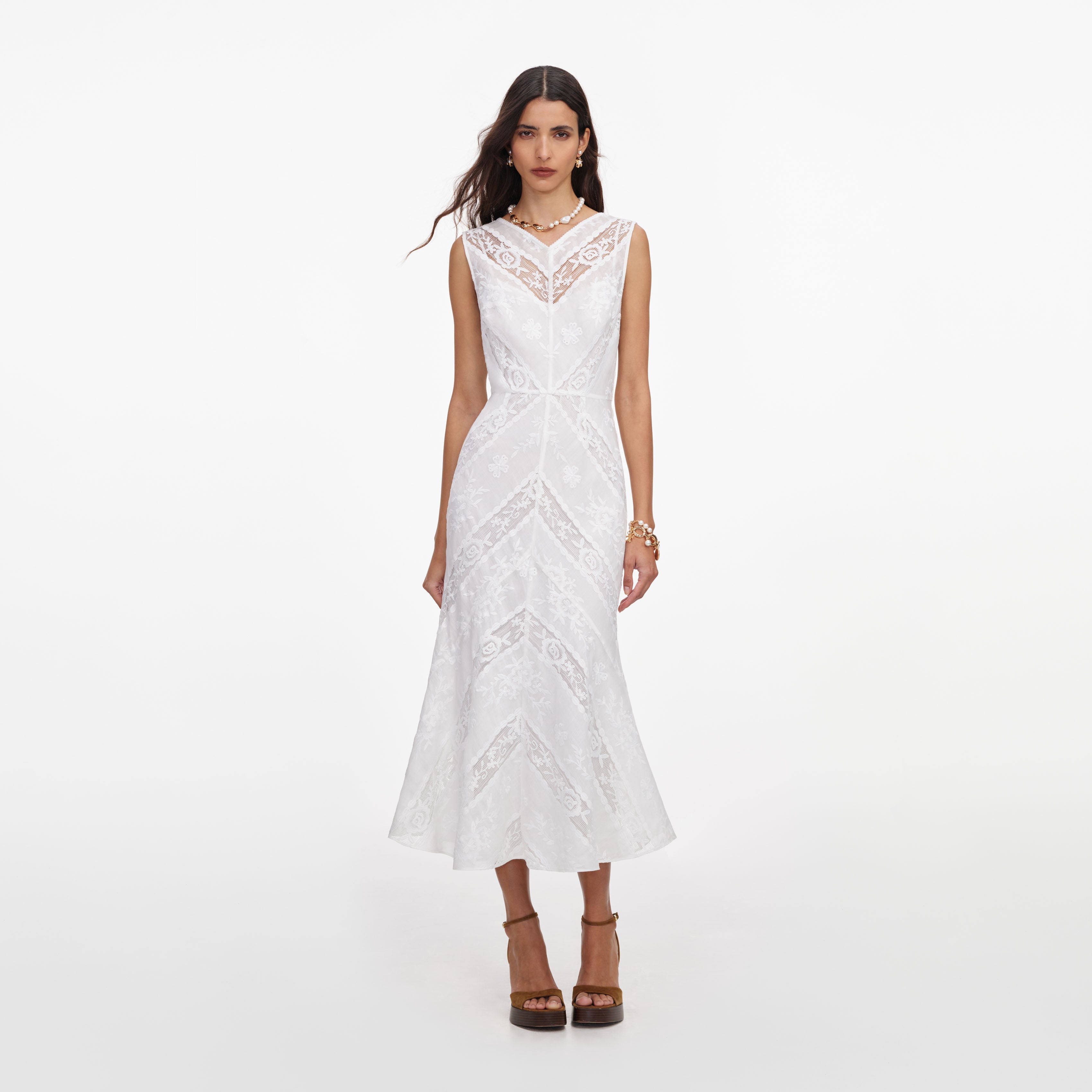 self-portrait - White Ramie Sleeveless Midi Dress
