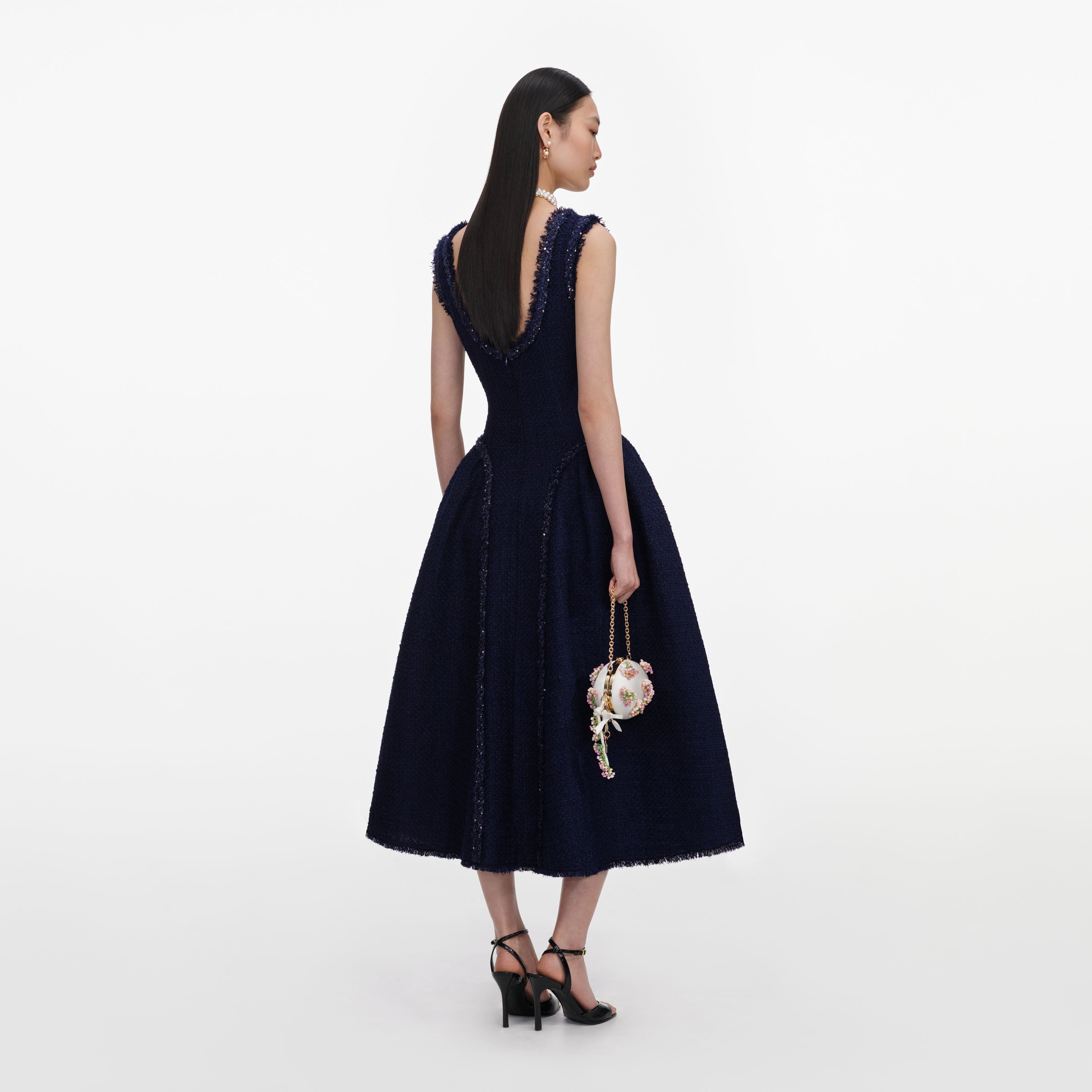 Navy Boucle Midi Dress
