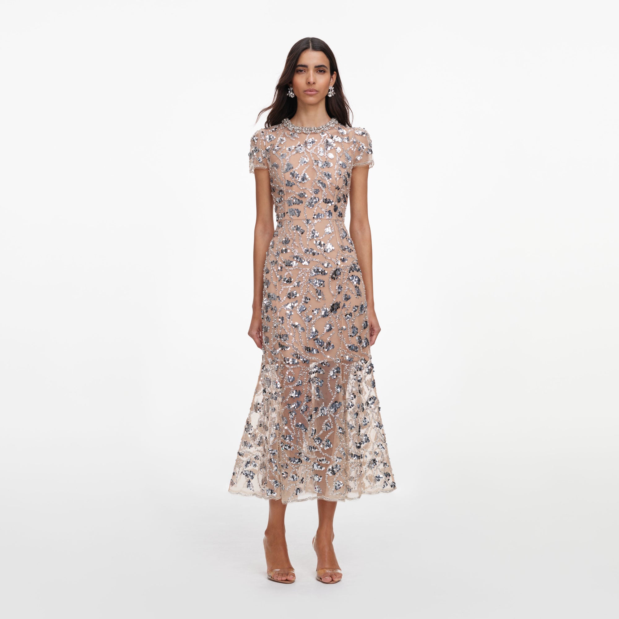 Front view of a woman wearing the Silver Sequin Embellished Midi Dress