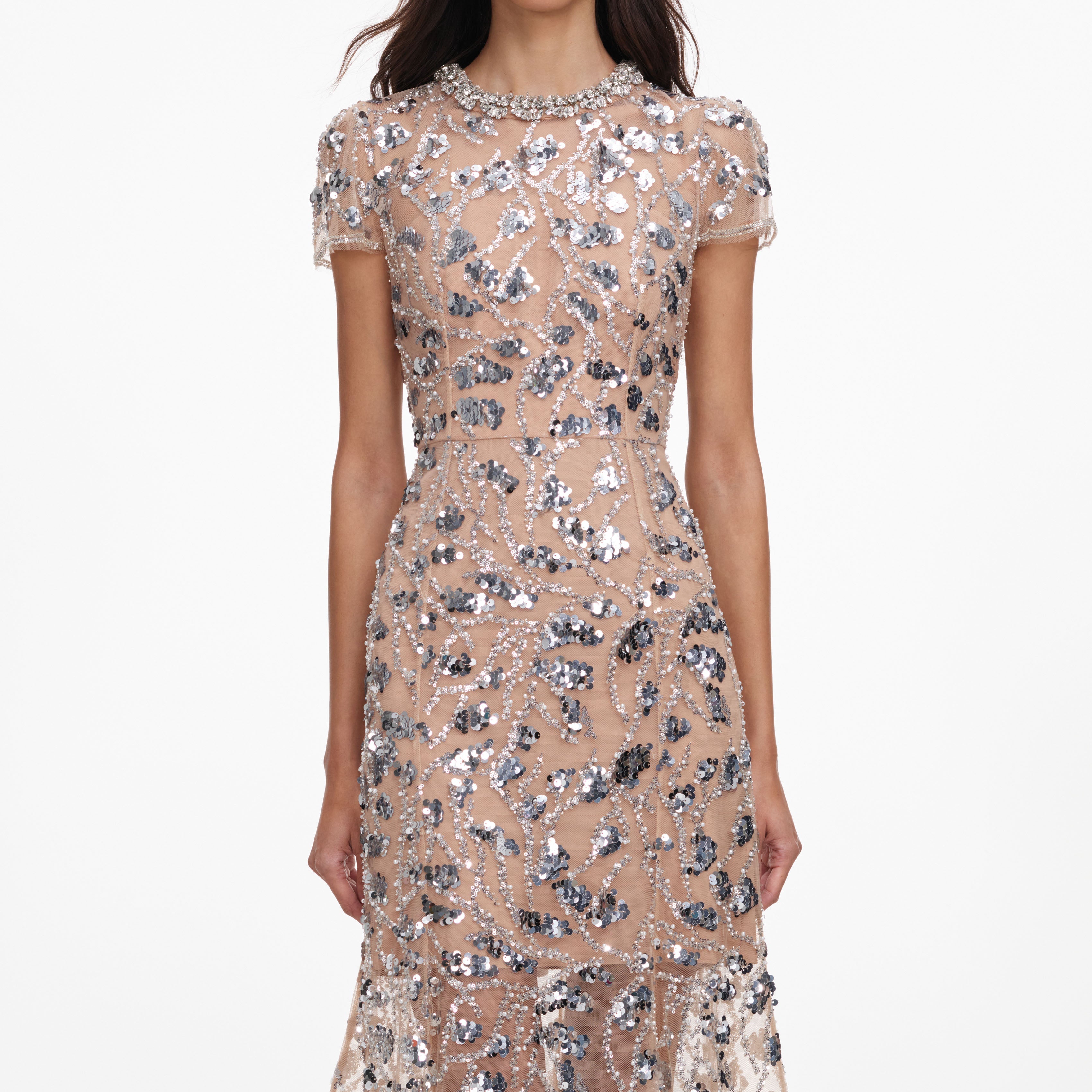 Silver Sequin Embellished Midi Dress