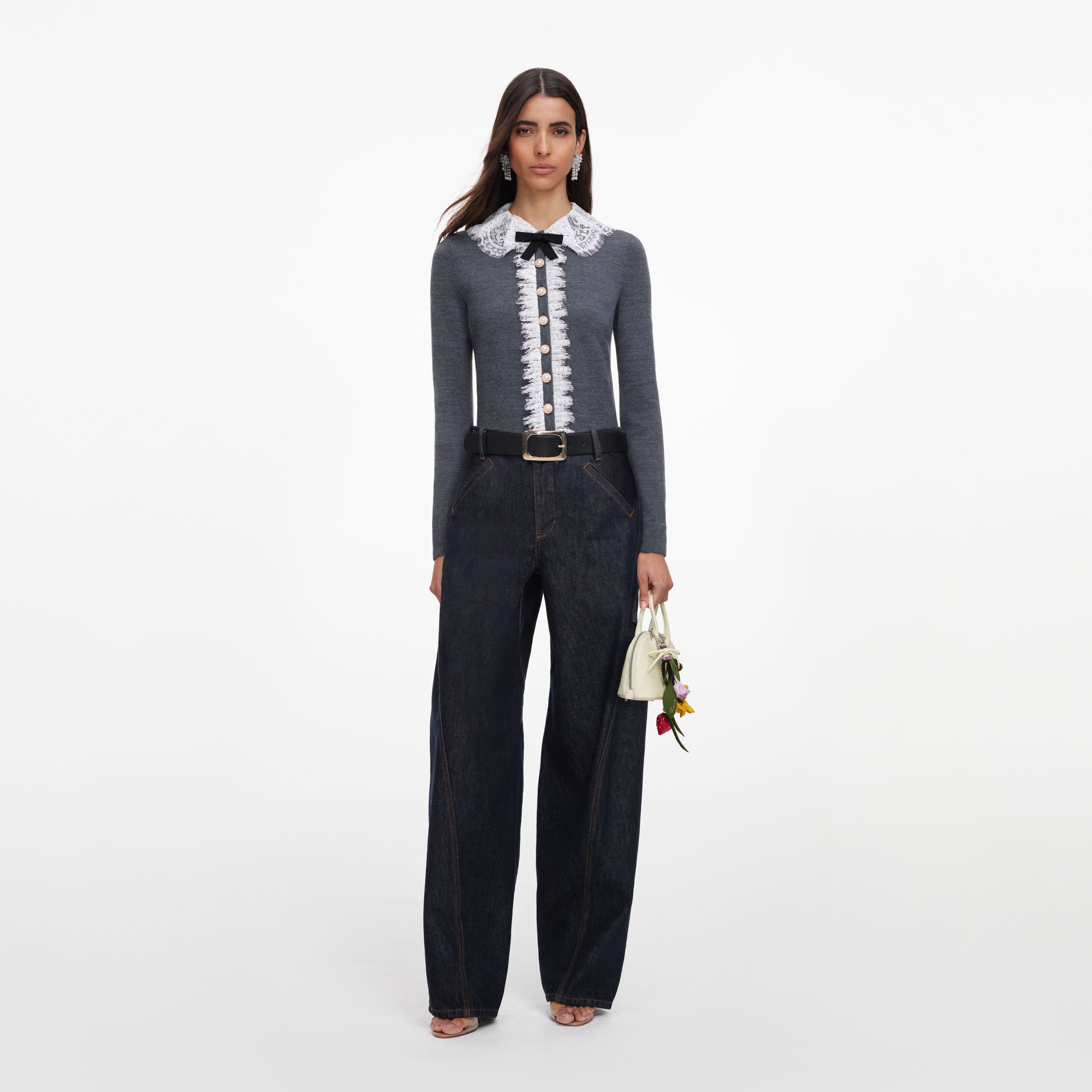 Grey Lace Collar Knit Cardigan – self-portrait-US