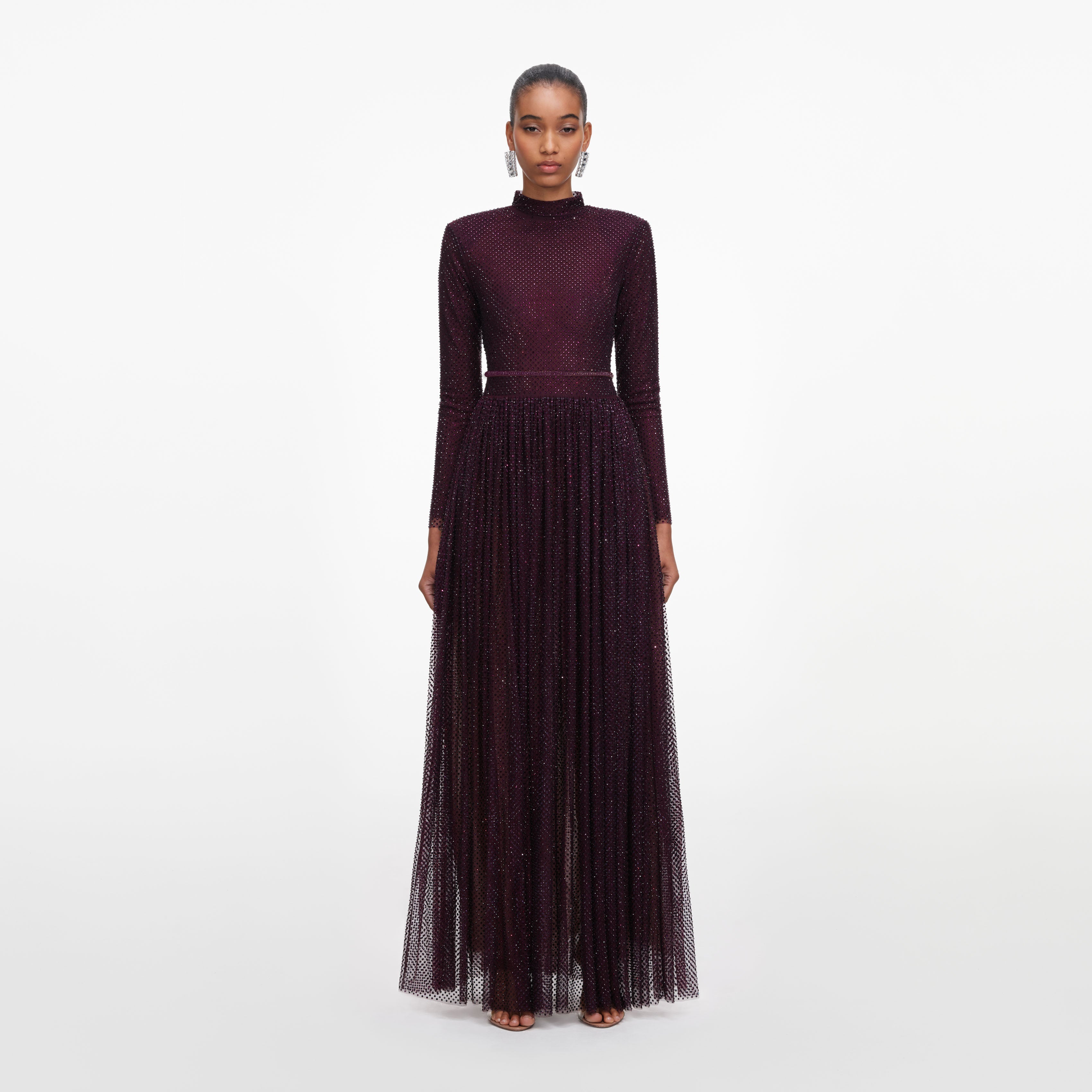 Burgundy Rhinestone Long Sleeve Maxi Dress self-portrait-US Burgundy Rhinestone Long Sleeve Maxi Dress self-portrait-US