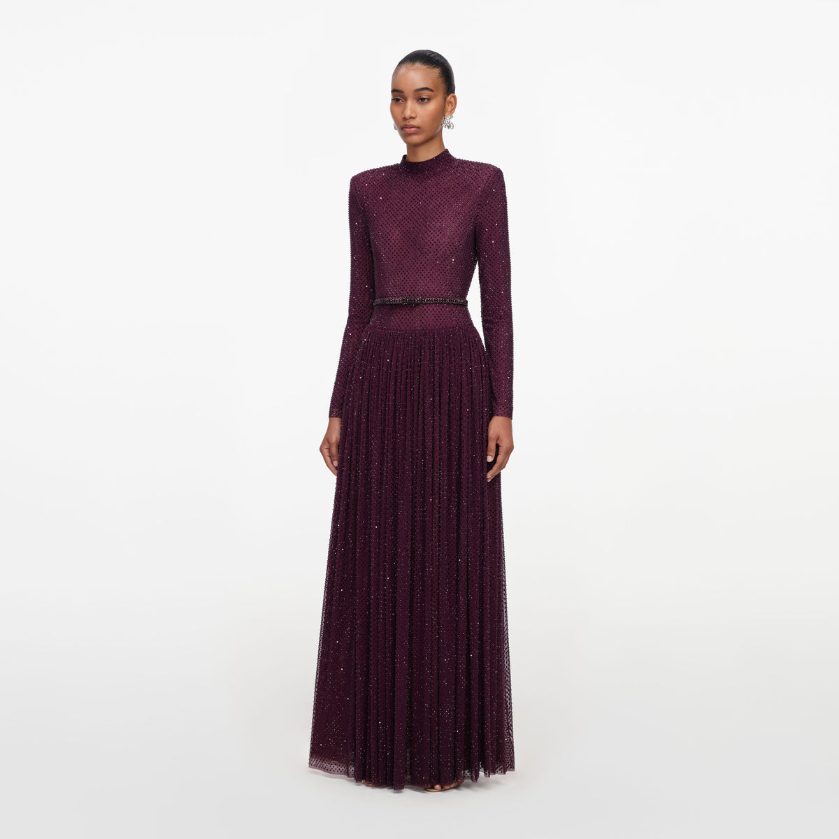 Burgundy Rhinestone Long Sleeve Maxi Dress