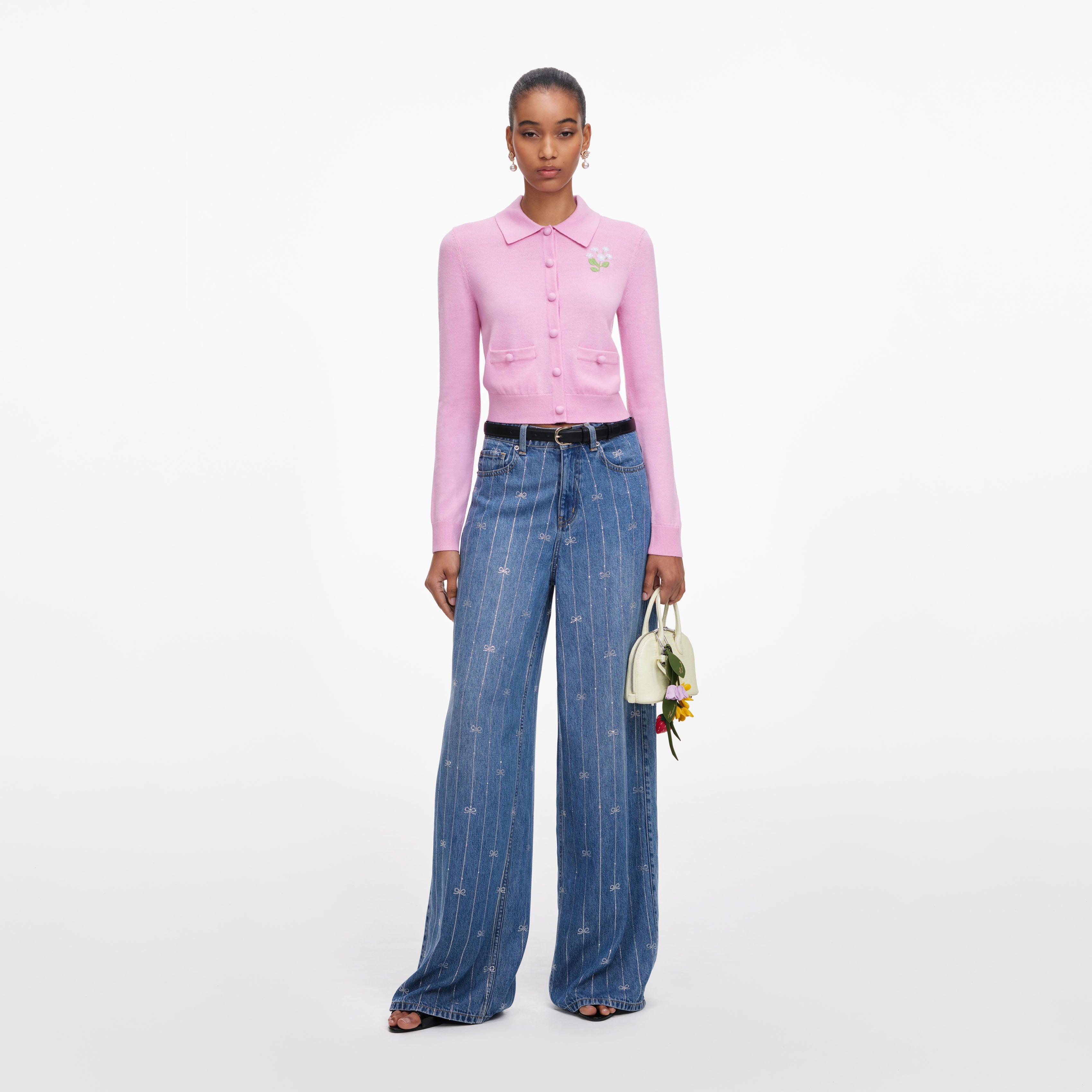 Pink Flower Embroidered Knit Cardigan – self-portrait-US