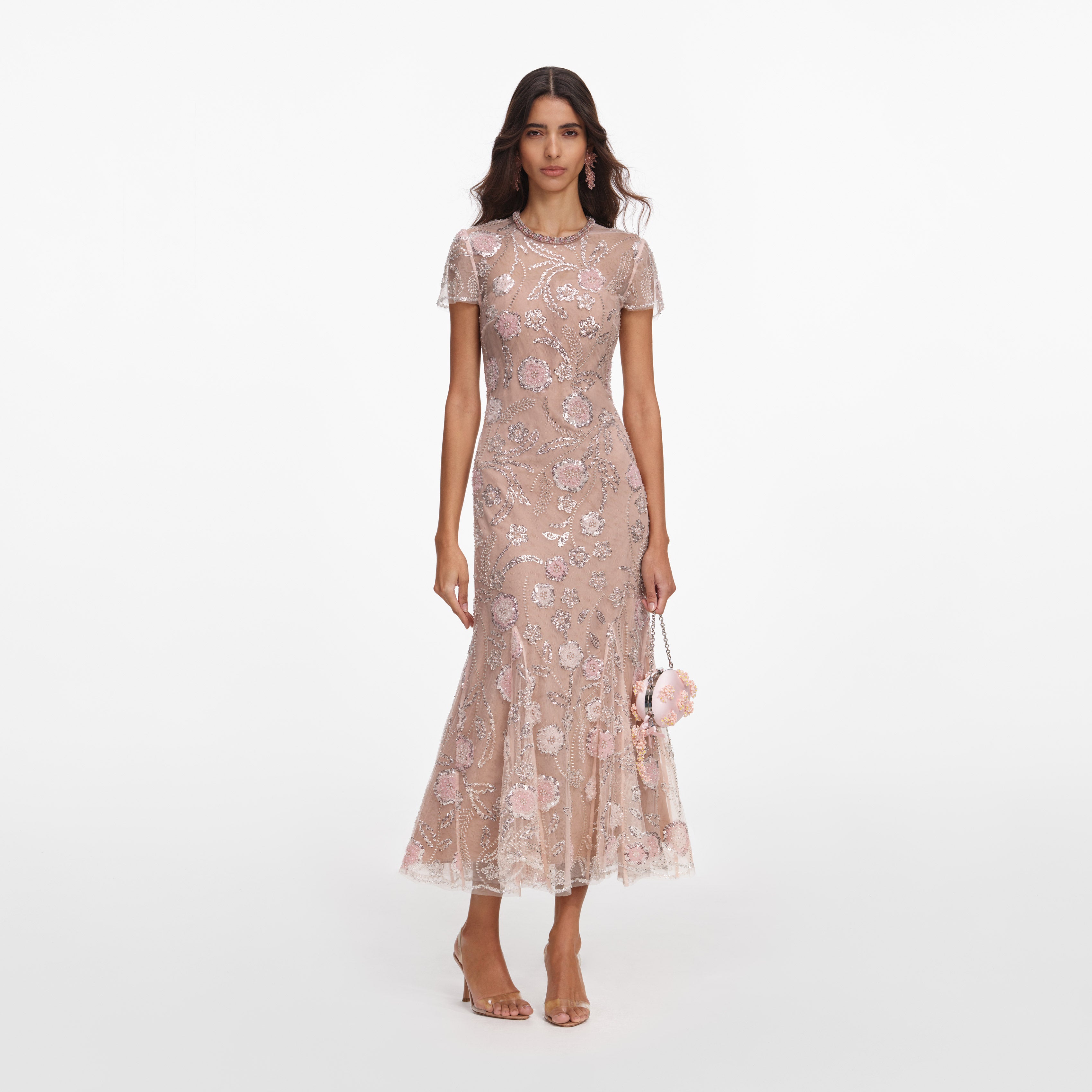 Pink Flower Sequin Embellished Midi Dress – self-portrait-US