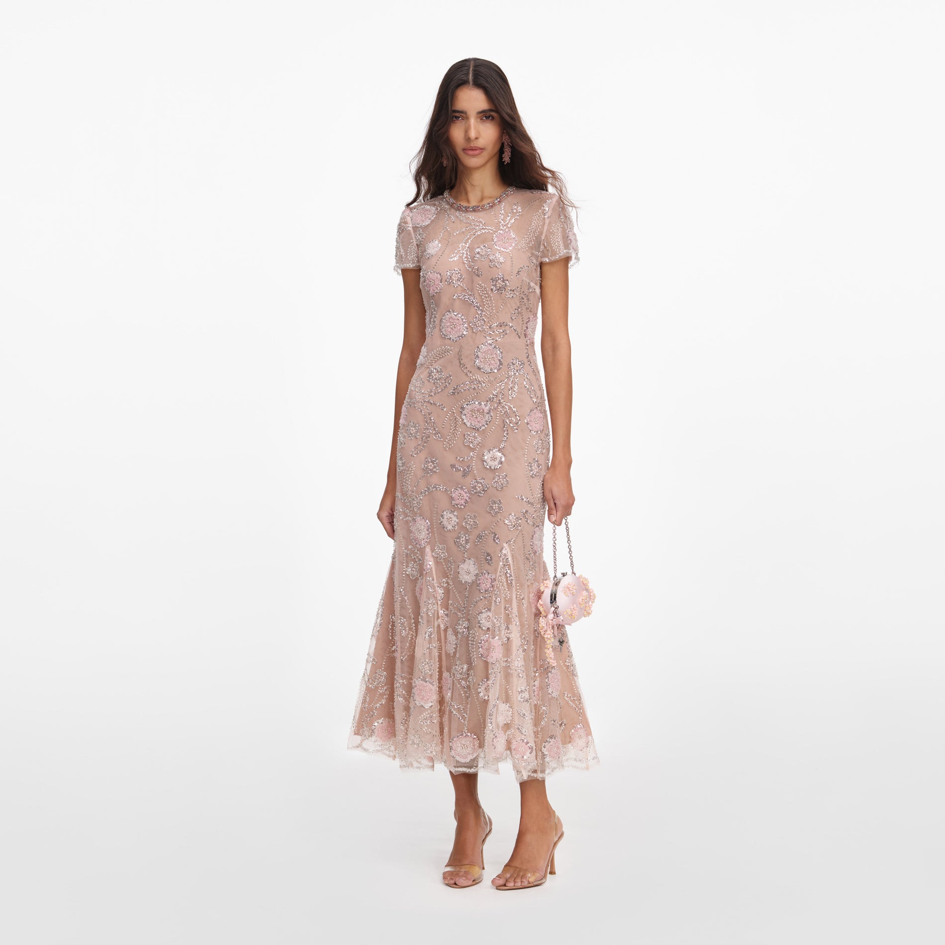 Pink Flower Sequin Embellished Midi Dress
