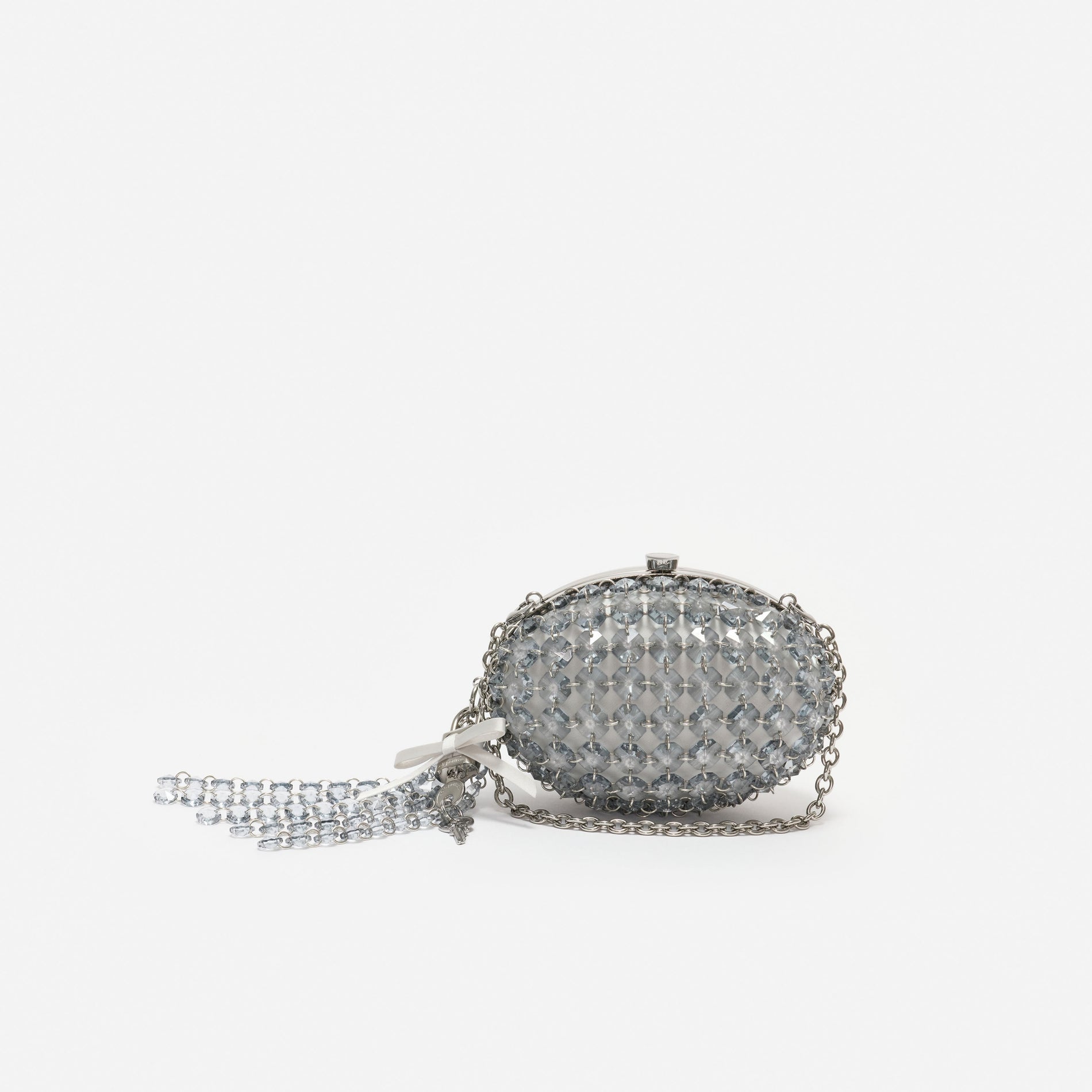 Grey Oval Crystal Chain Clutch Bag