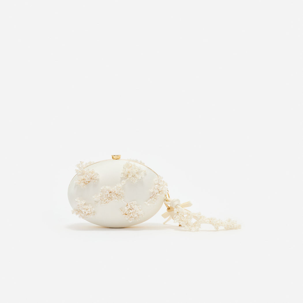 Cream Satin Floral Beaded Oval Clutch