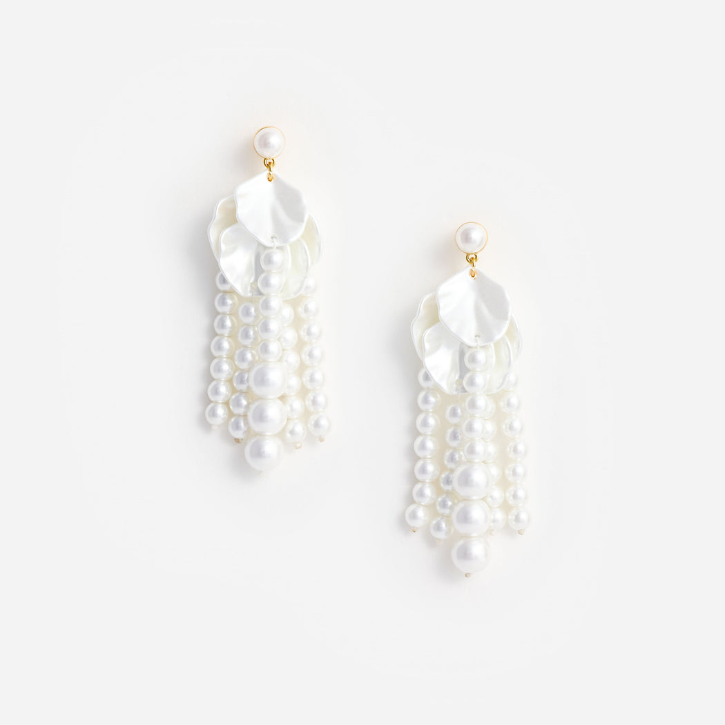 Pair of white pearl drop earrings with a floral design