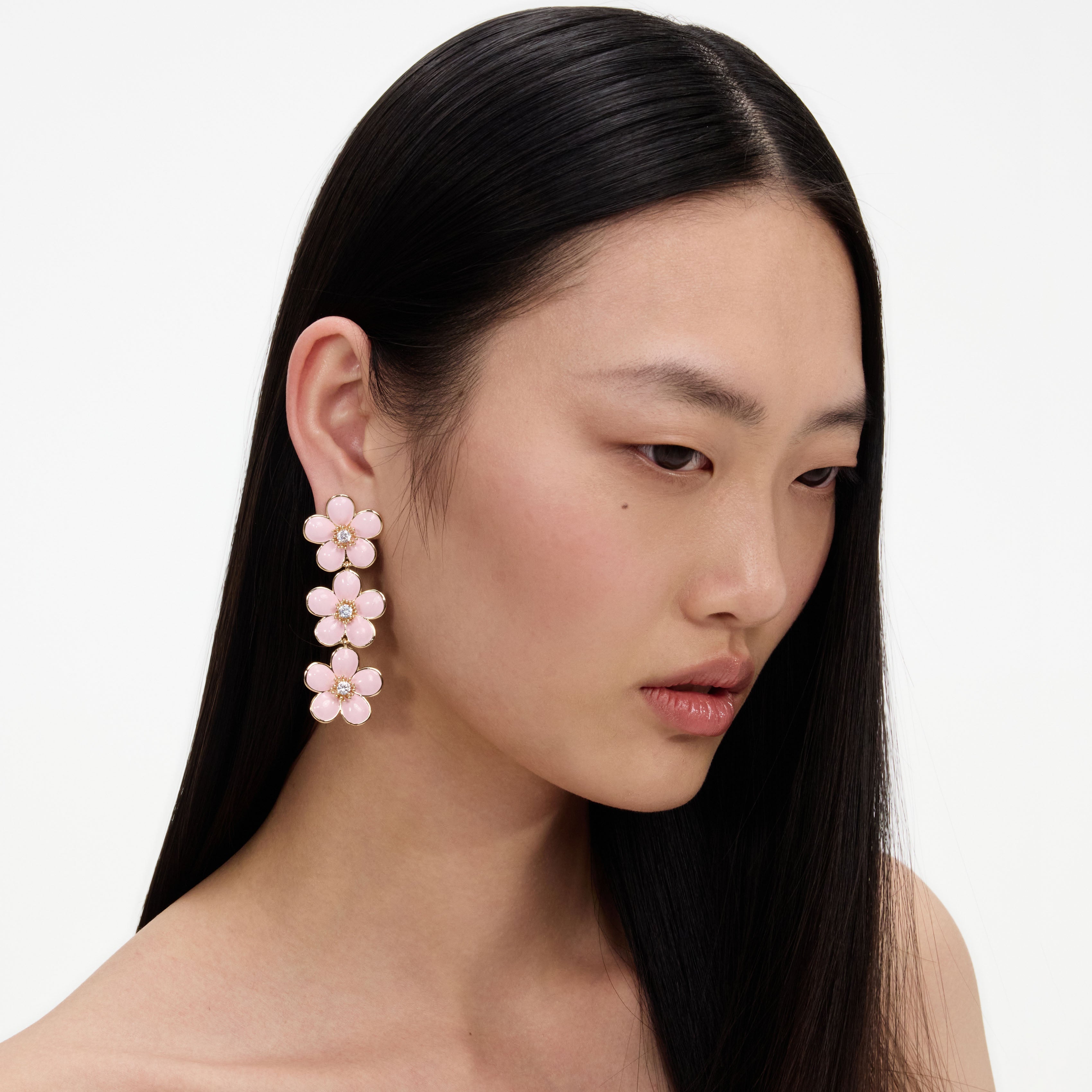 Pink Enamel Flower Tiered Earrings