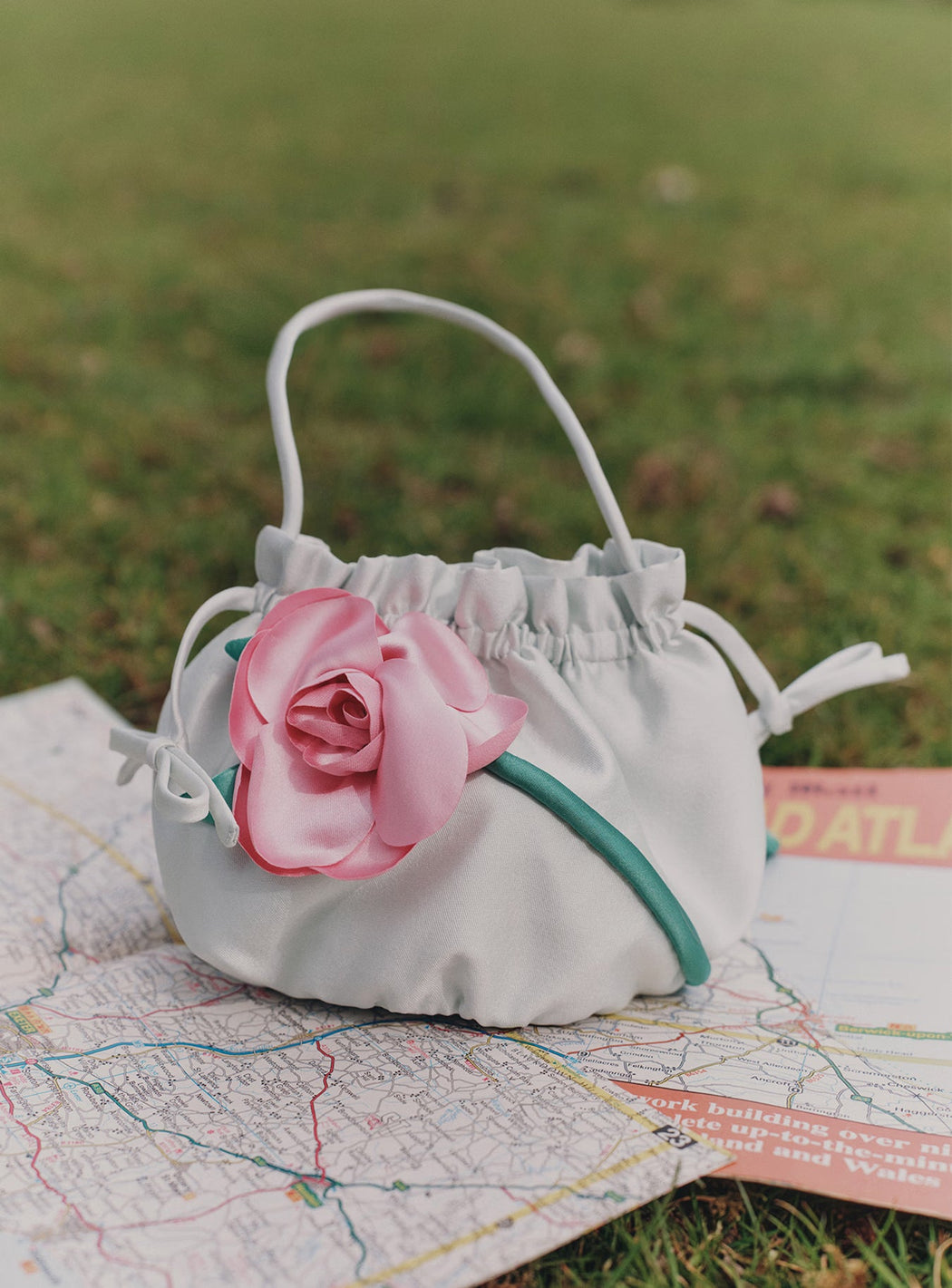 Mint Taffeta 3D Flower Pouch Bag