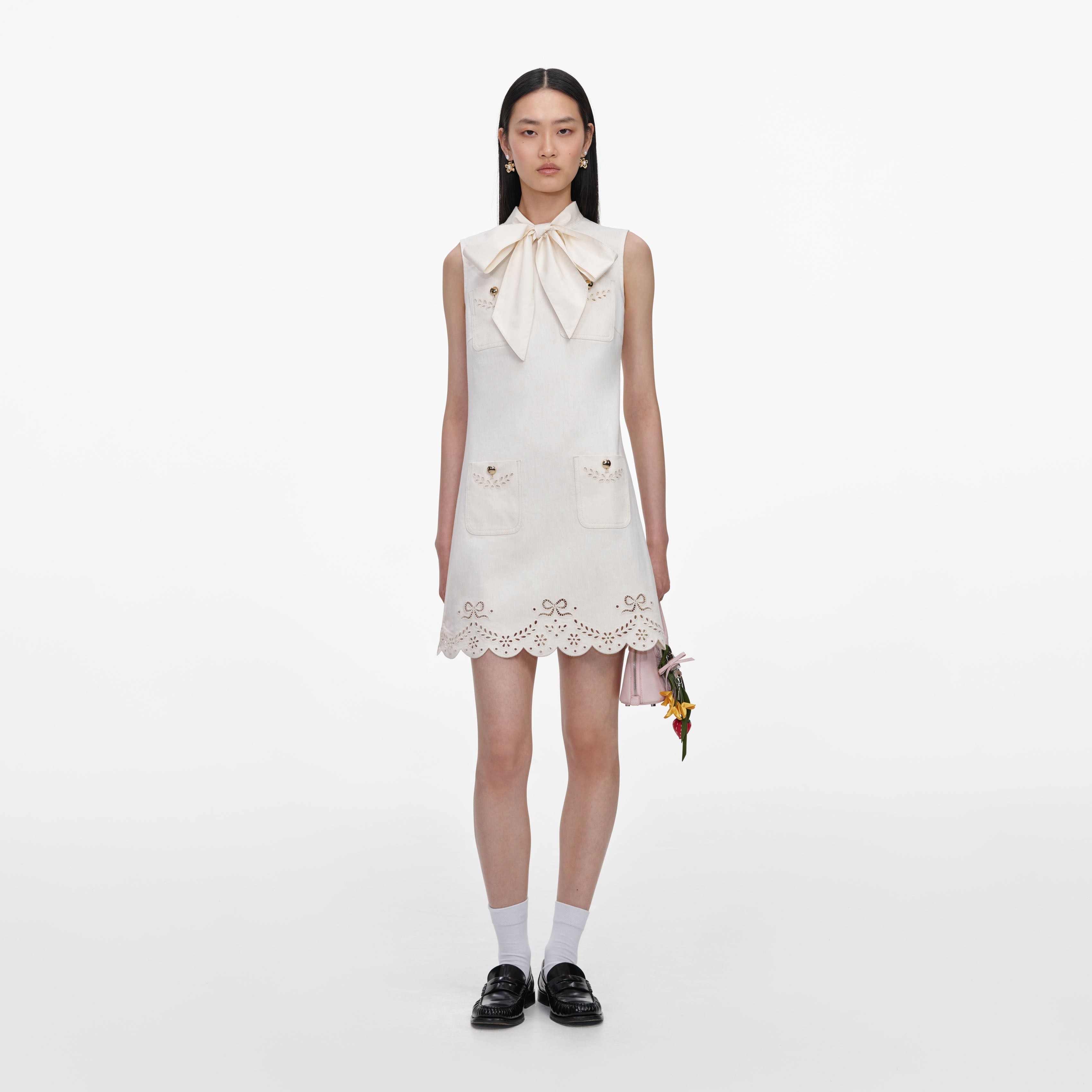 Cream Broderie Denim Mini Dress – self-portrait-US