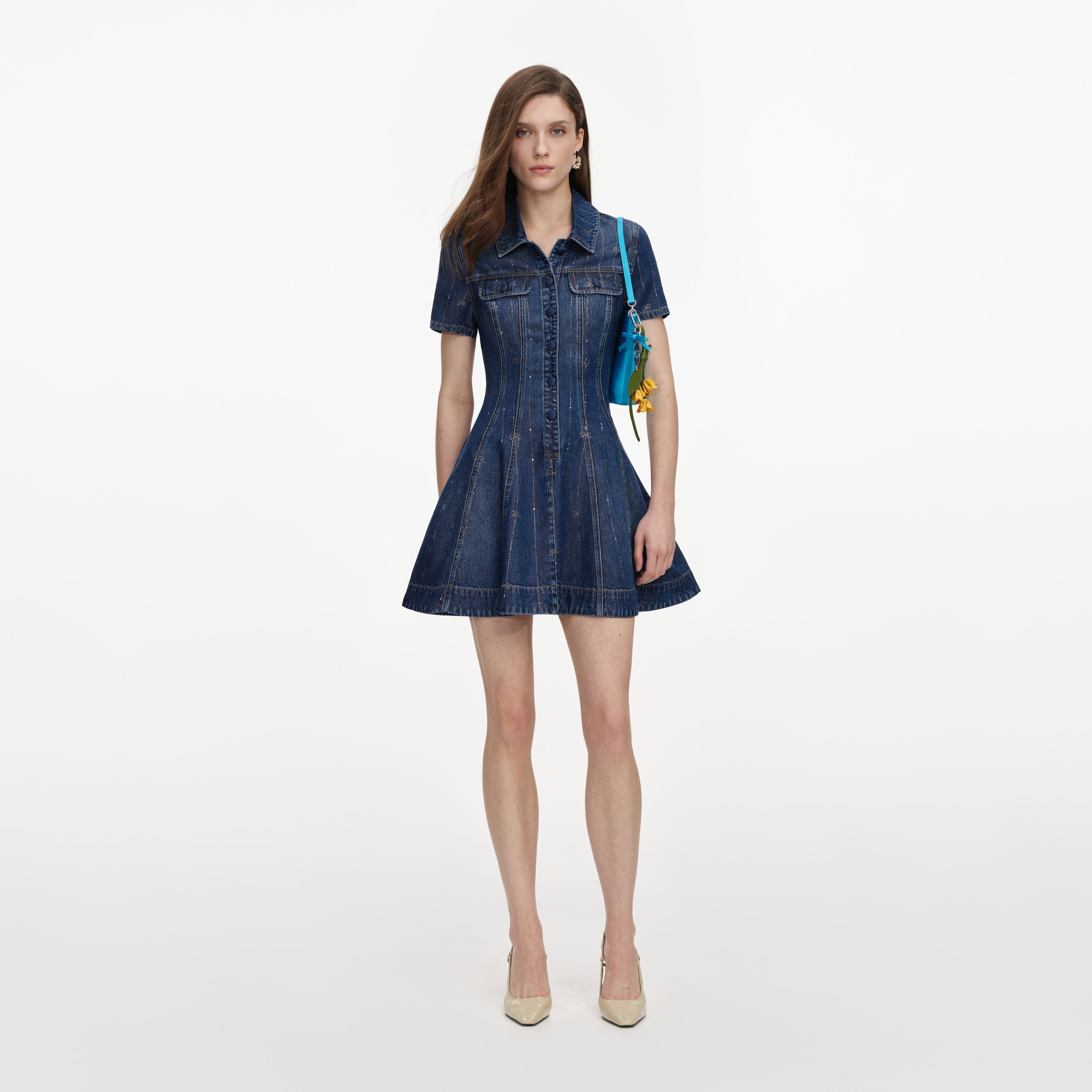 self portrait embellished denim mini dress self-portrait - Rhinestone Stripe Portrait mytheresa Adelyn Dress Halter V Neck Portrait featuring A line Color:Black Vest