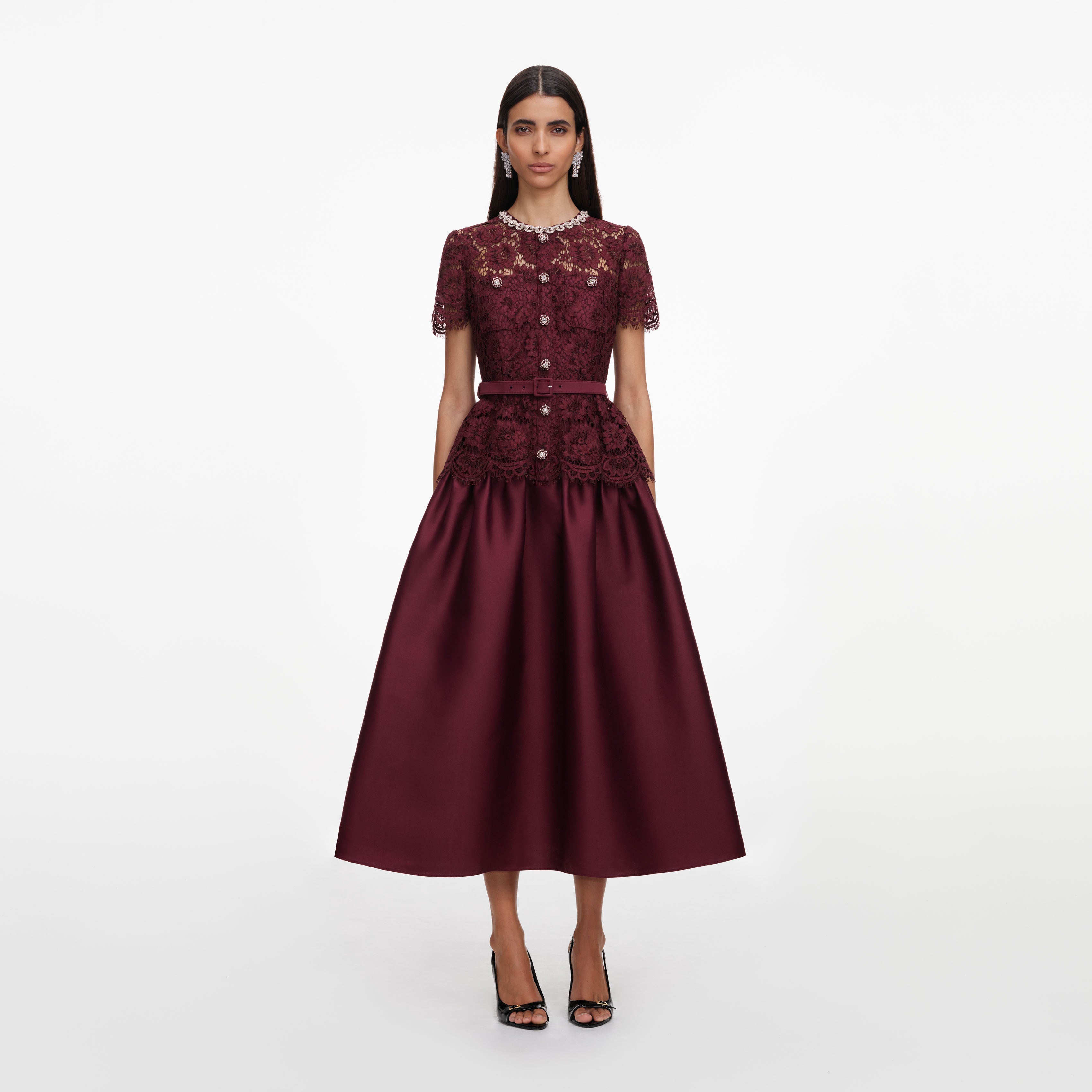 Burgundy Lace Taffeta Midi Dress – self-portrait-US