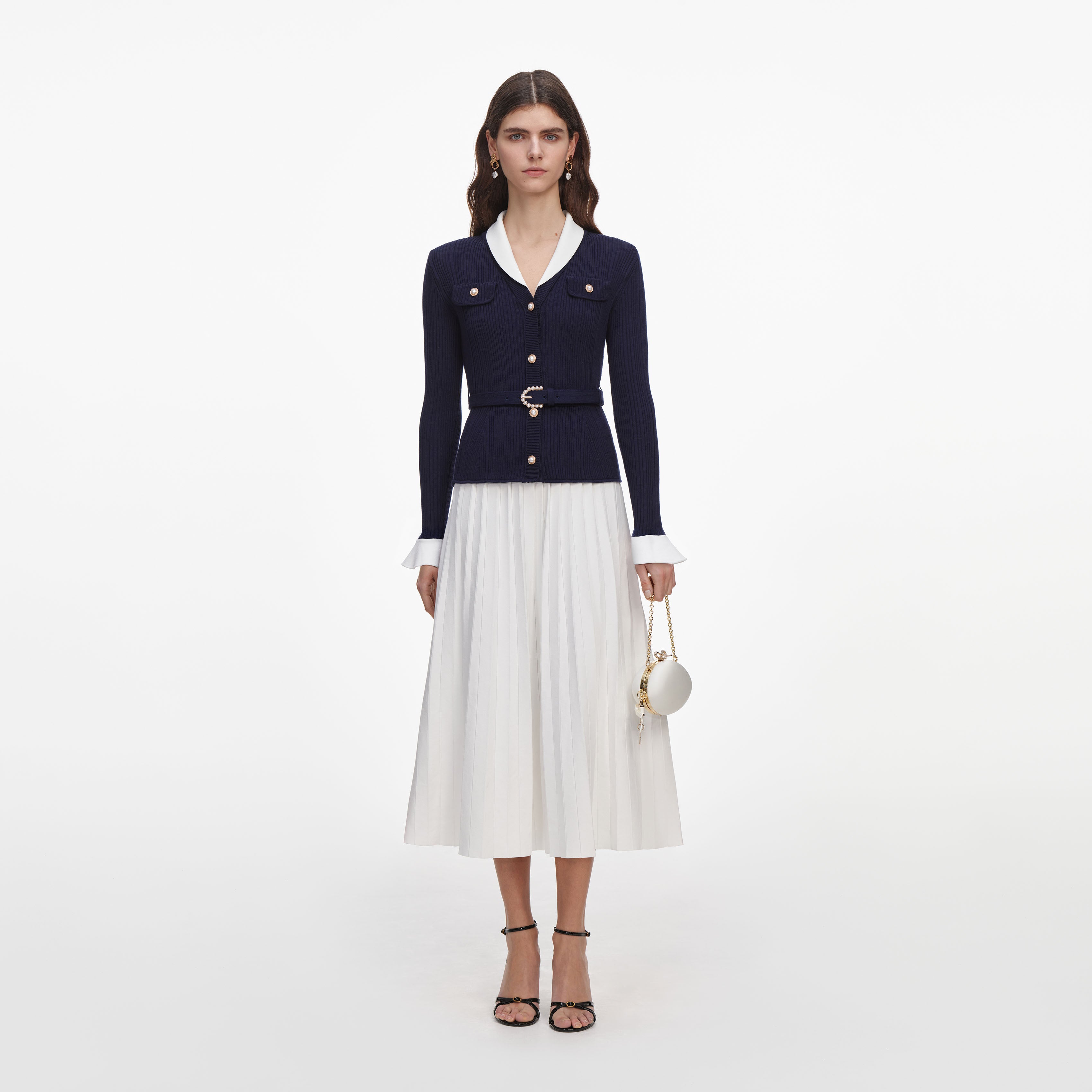 self portrait navy knit dress self-portrait - Ribbed Contrast Midi Ecom Style:AD3D106816