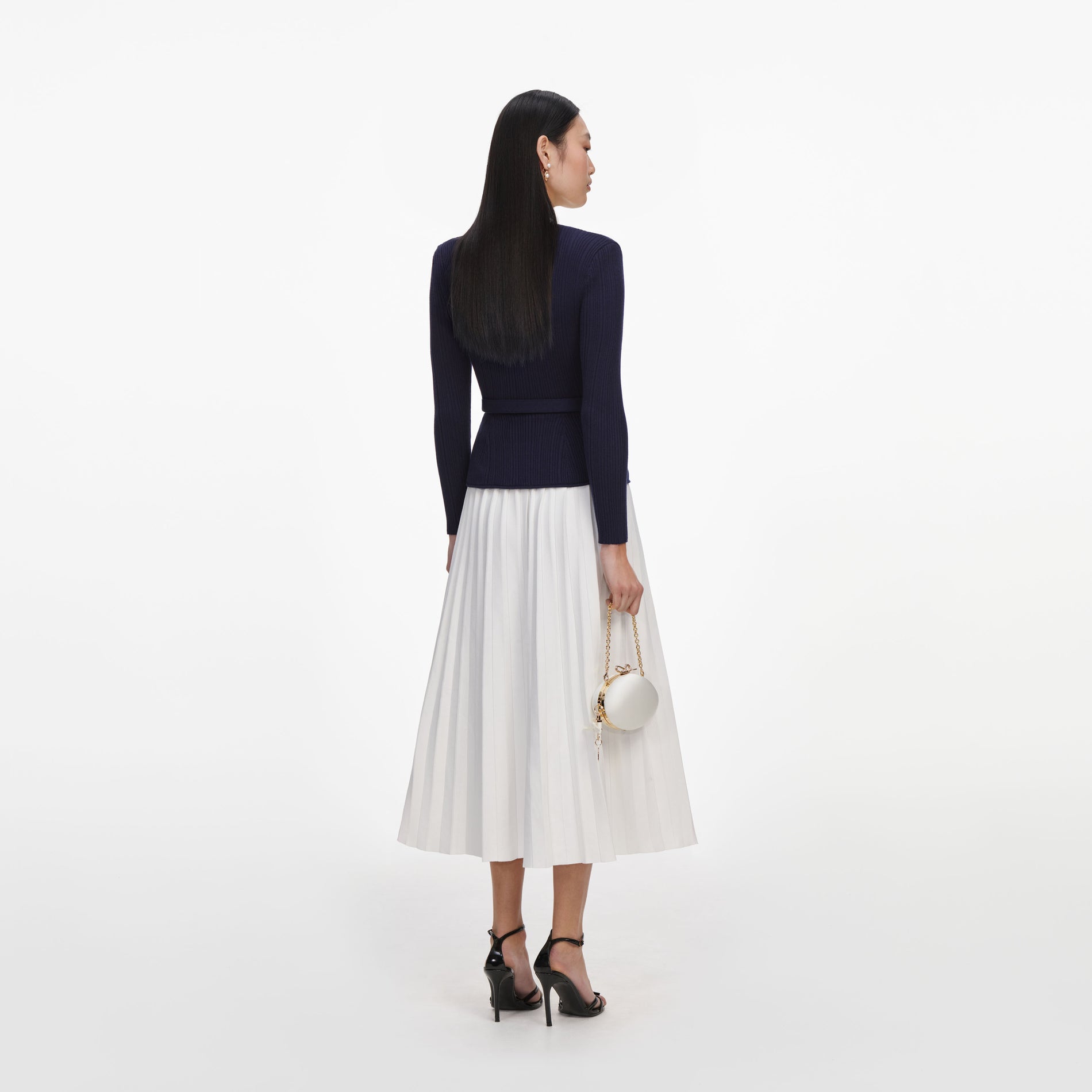 Navy Ribbed Knit Contrast Midi Dress