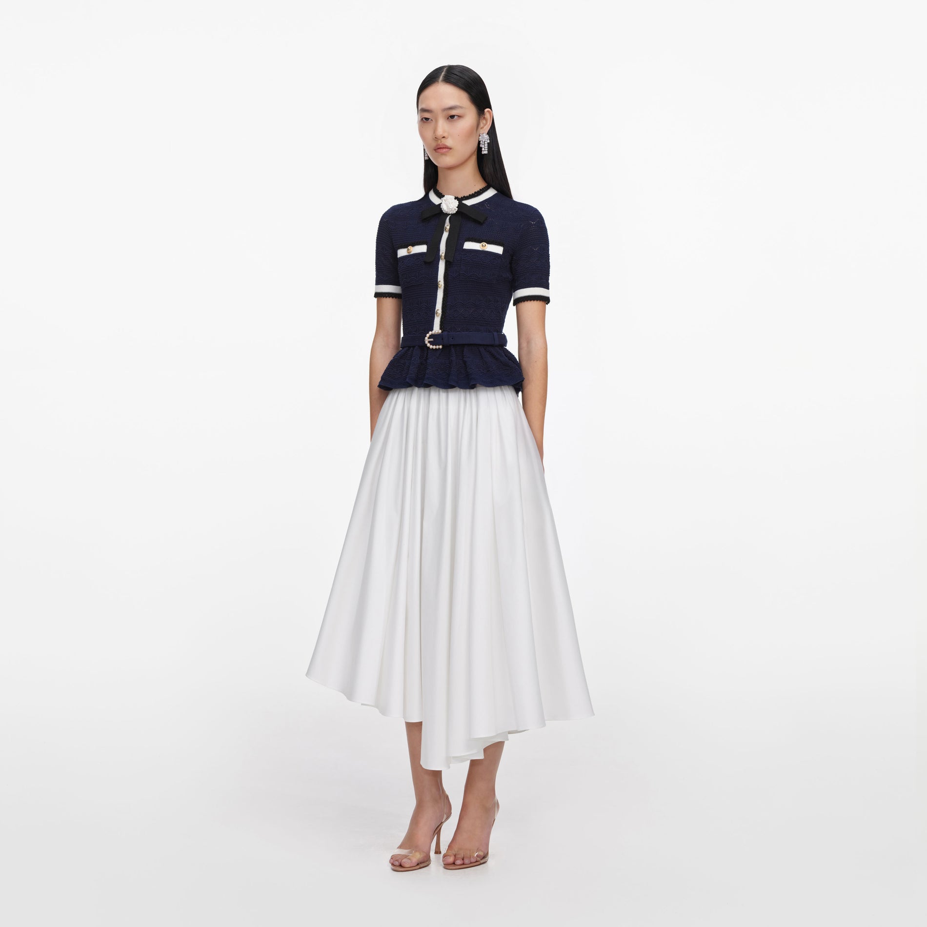 Navy Peplum Pointelle Knit Top