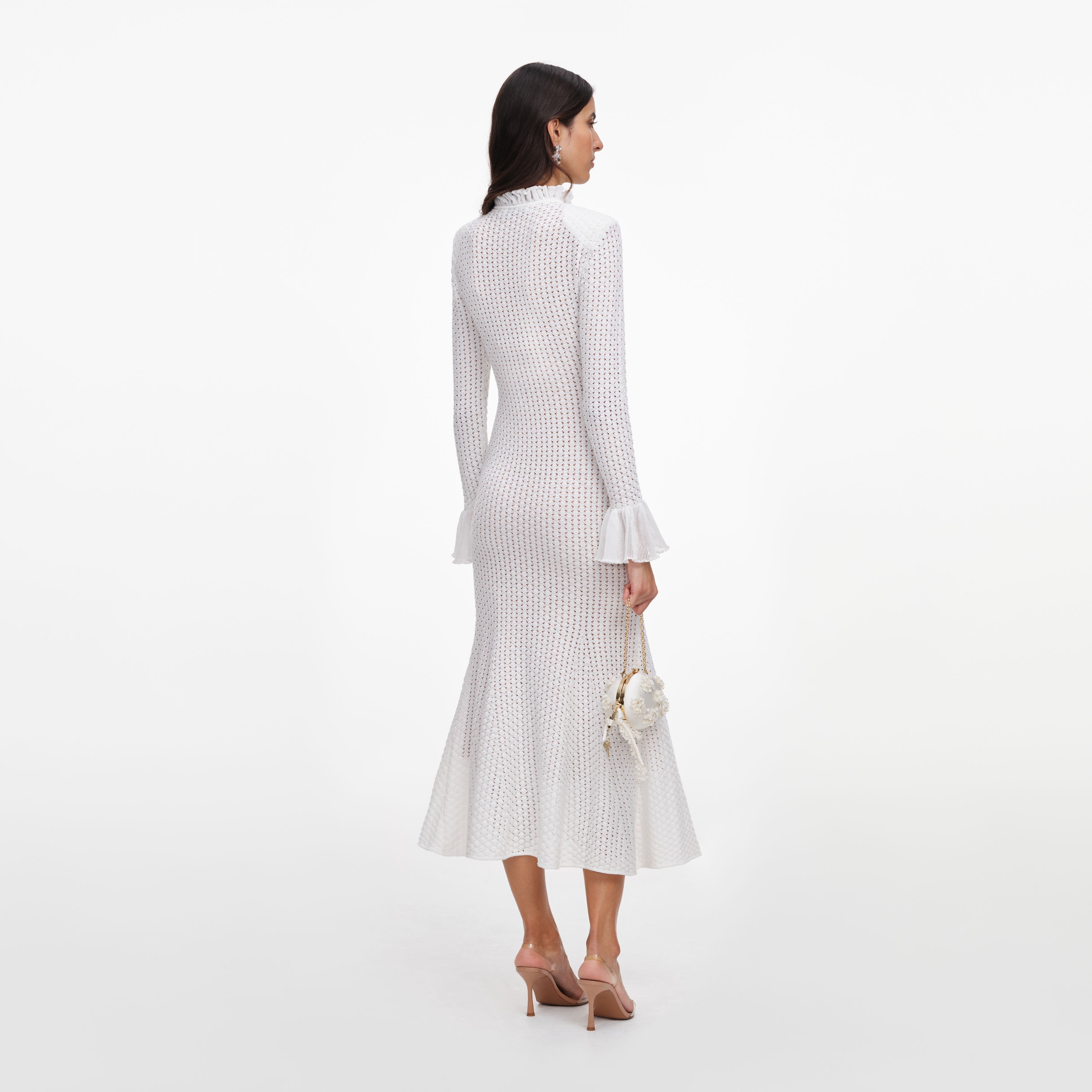 White Pointelle Knit Flare Midi Dress