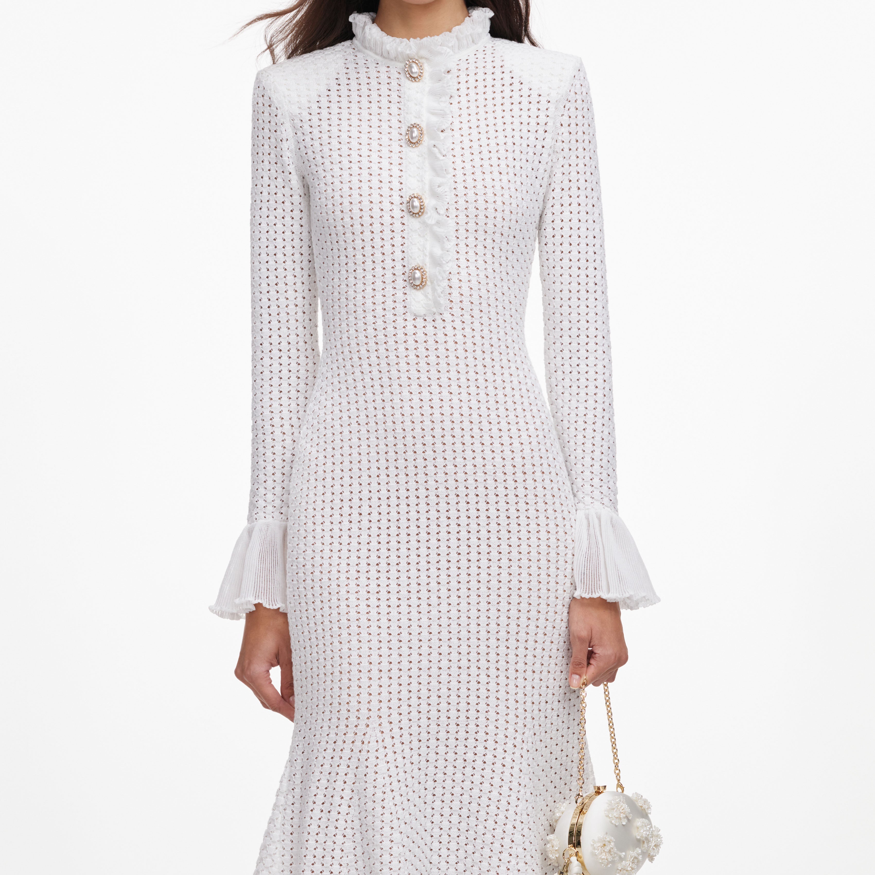 White Pointelle Knit Flare Midi Dress