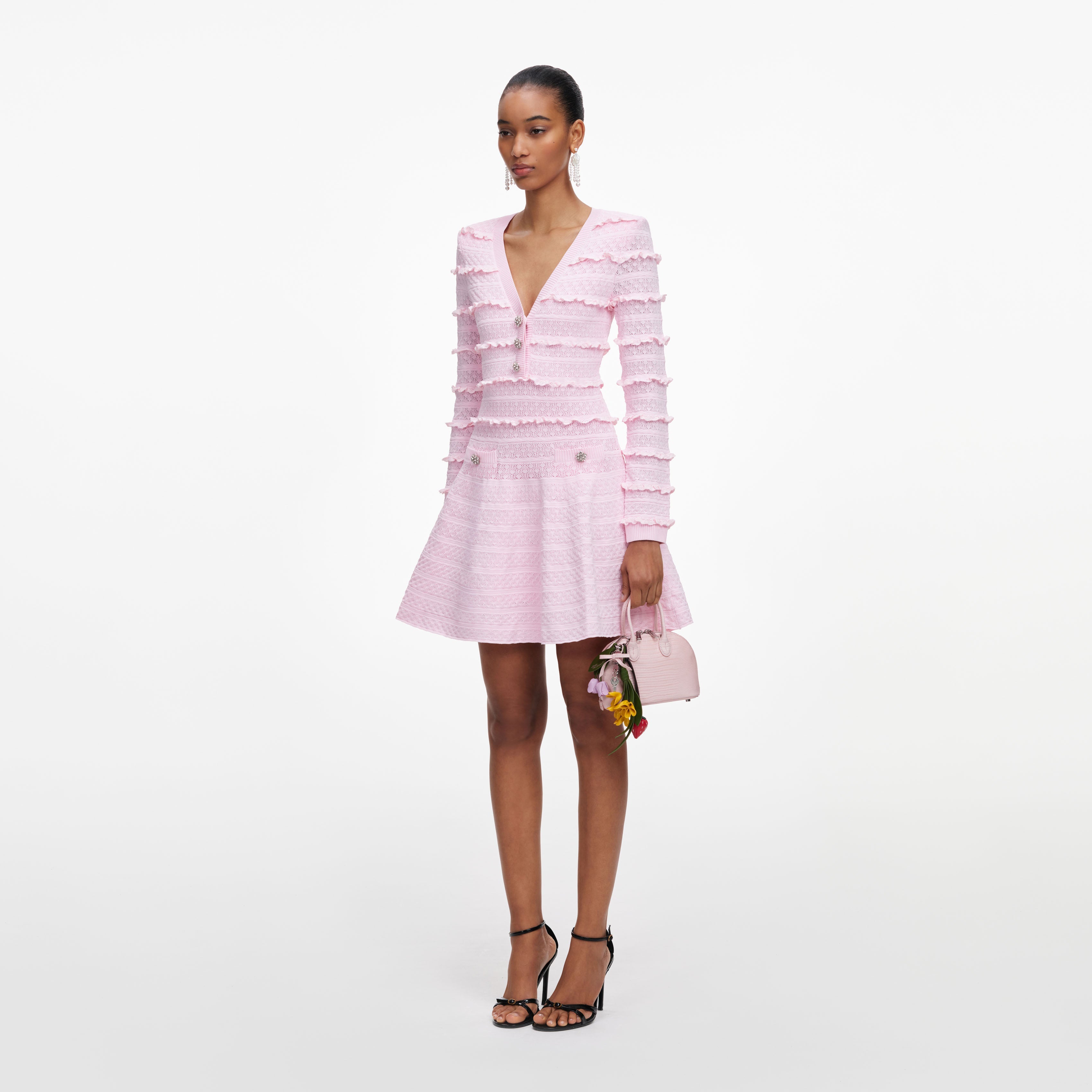 Pink Pointelle Diamante Knit Mini Dress