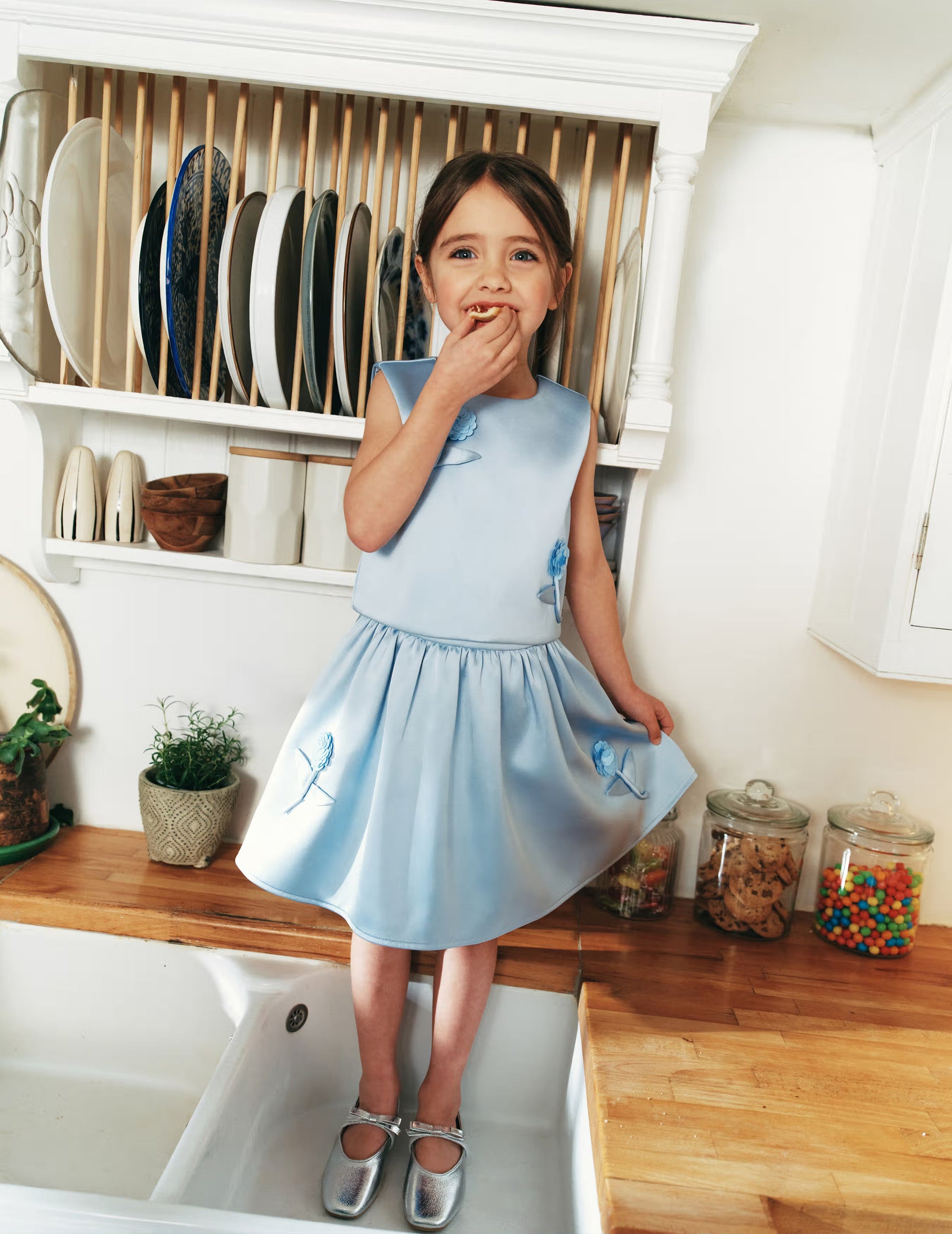 Blue Satin Sequin Flower Skirt