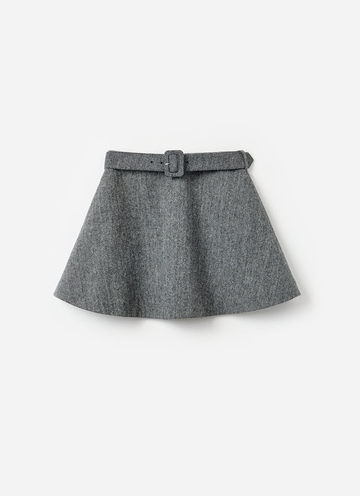 Grey Herringbone Flared Mini Skirt