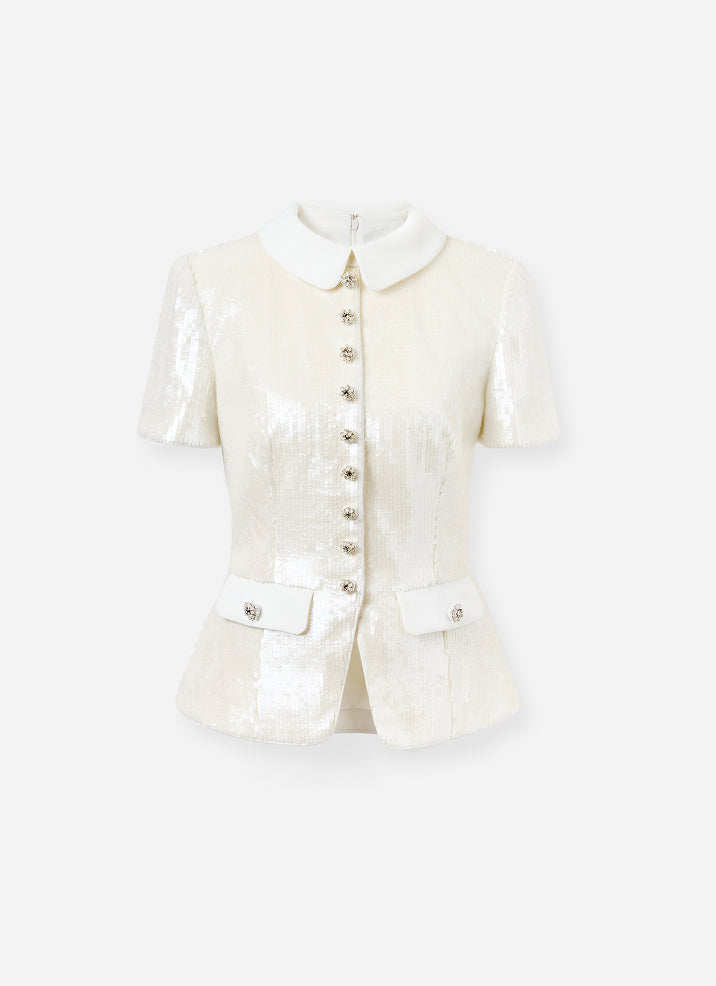 White Sequin Tailored Top