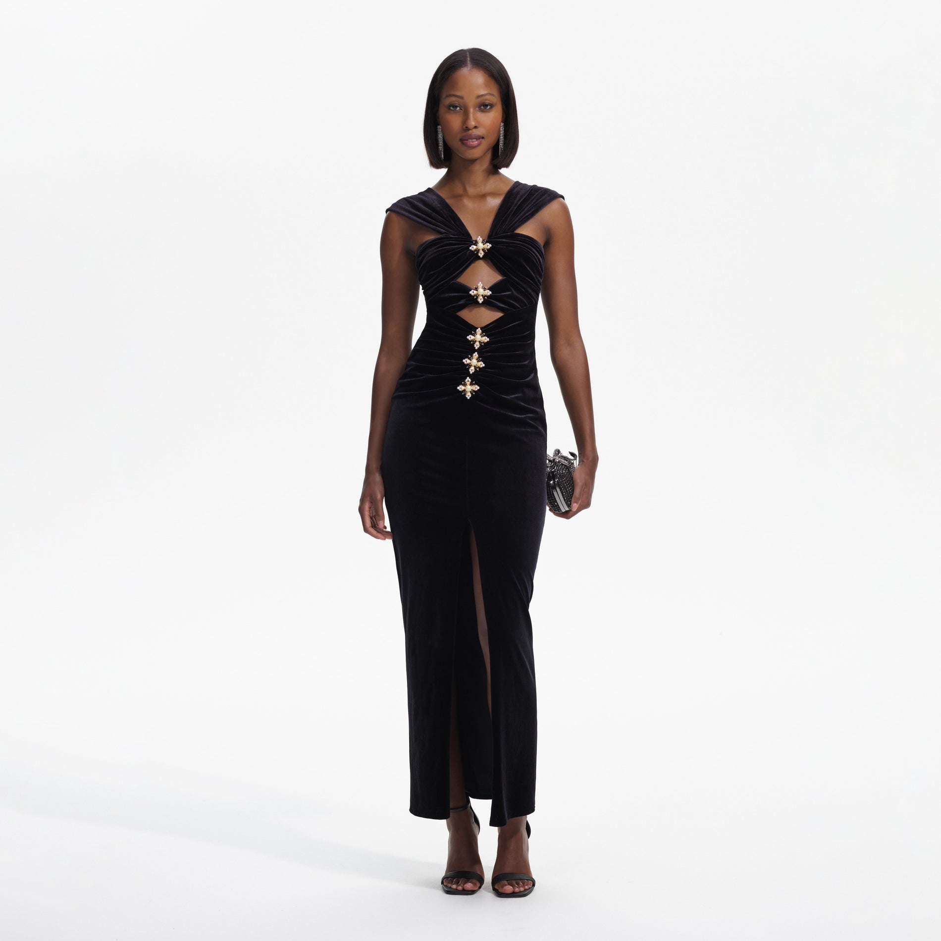 Black Velvet Cut-Out Slit Maxi Dress