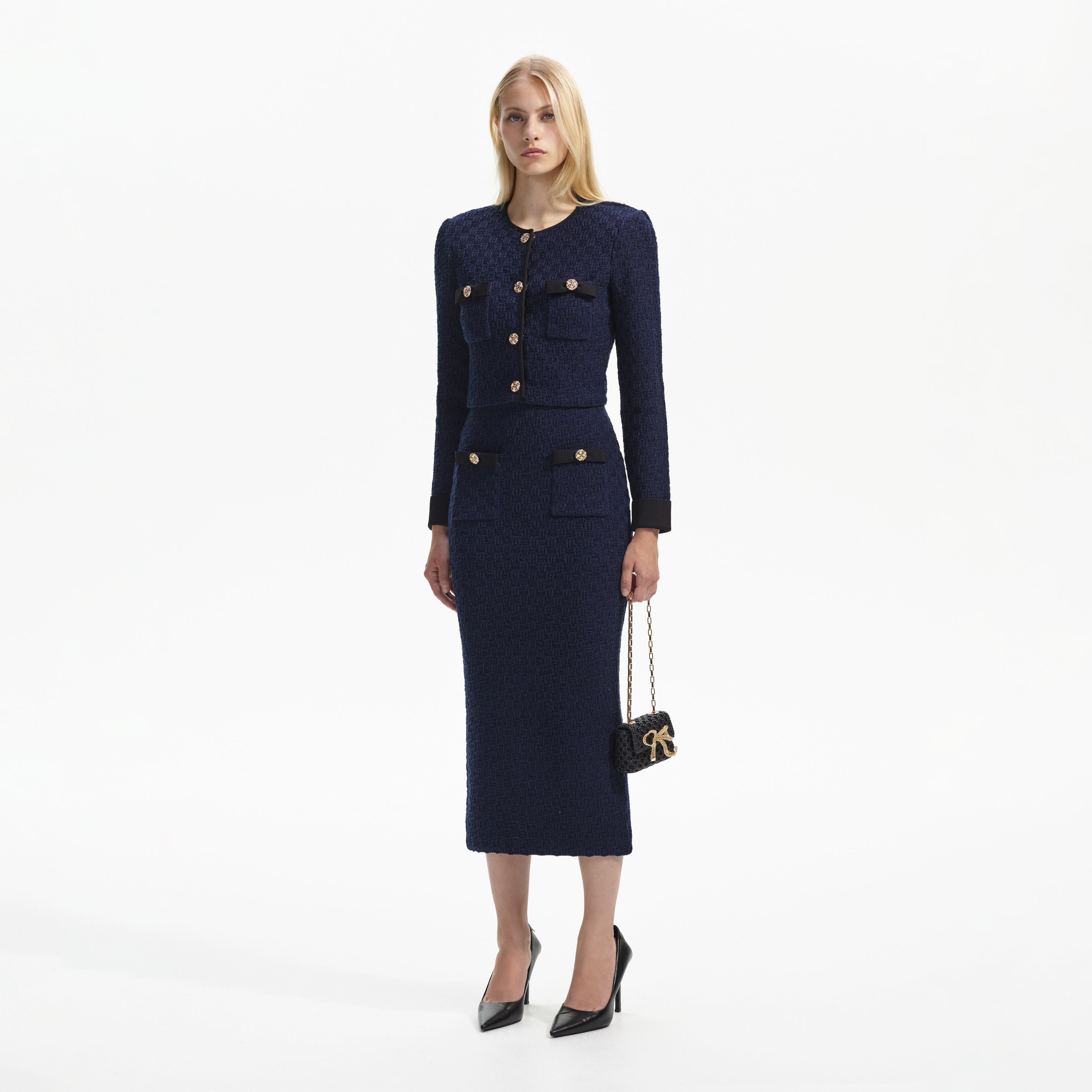 Navy Weave Cropped Cardigan