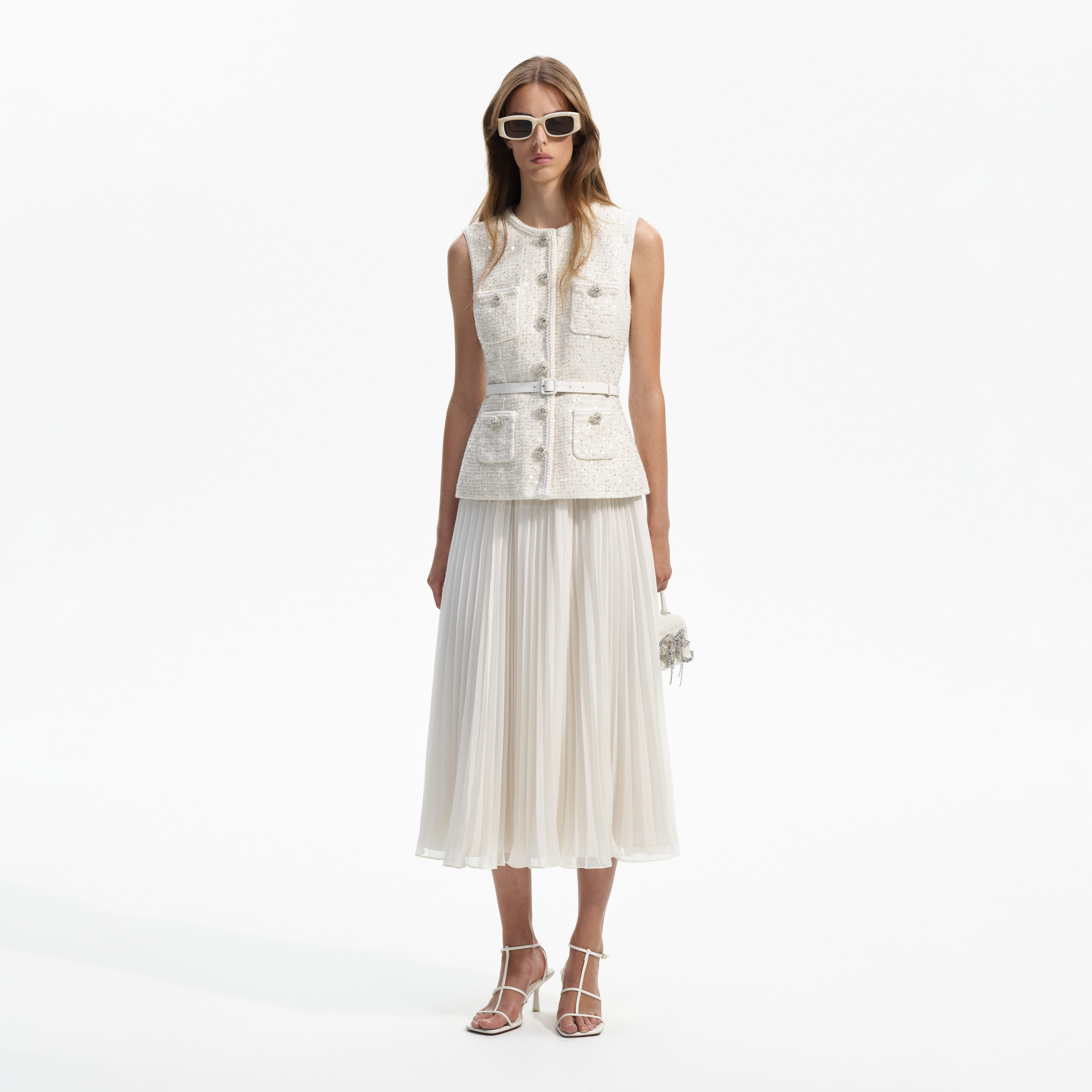 self-portrait Sequin-embellished Pleated Midi Dress - Cream self-portrait Sequin-embellished Pleated Midi Dress - Cream