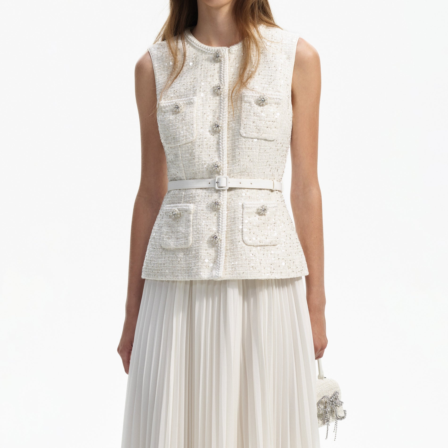 A close up of a woman wearing the Cream Sequin Boucle Tailored Midi Dress