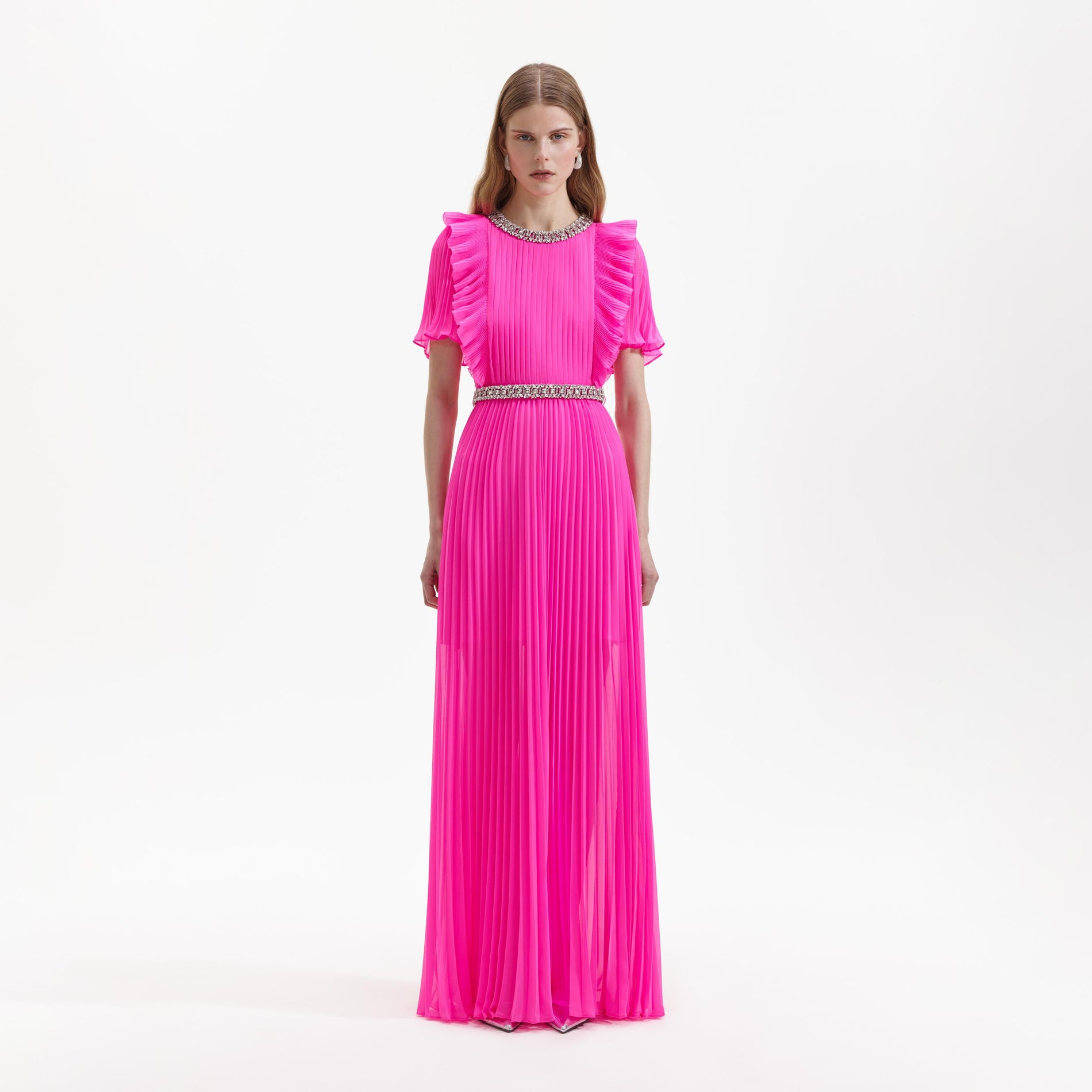 Front view of a woman wearing the Pink Chiffon Diamante Maxi Dress