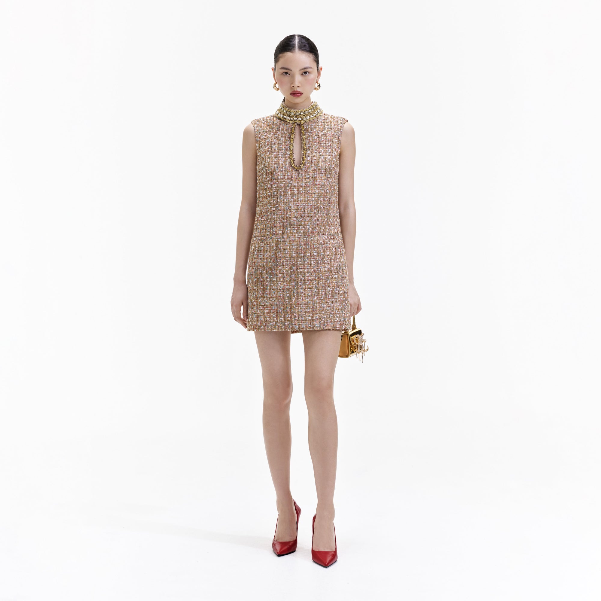 Front view of a woman wearing the Gold Tinsel Boucle Embellished Mini Dress