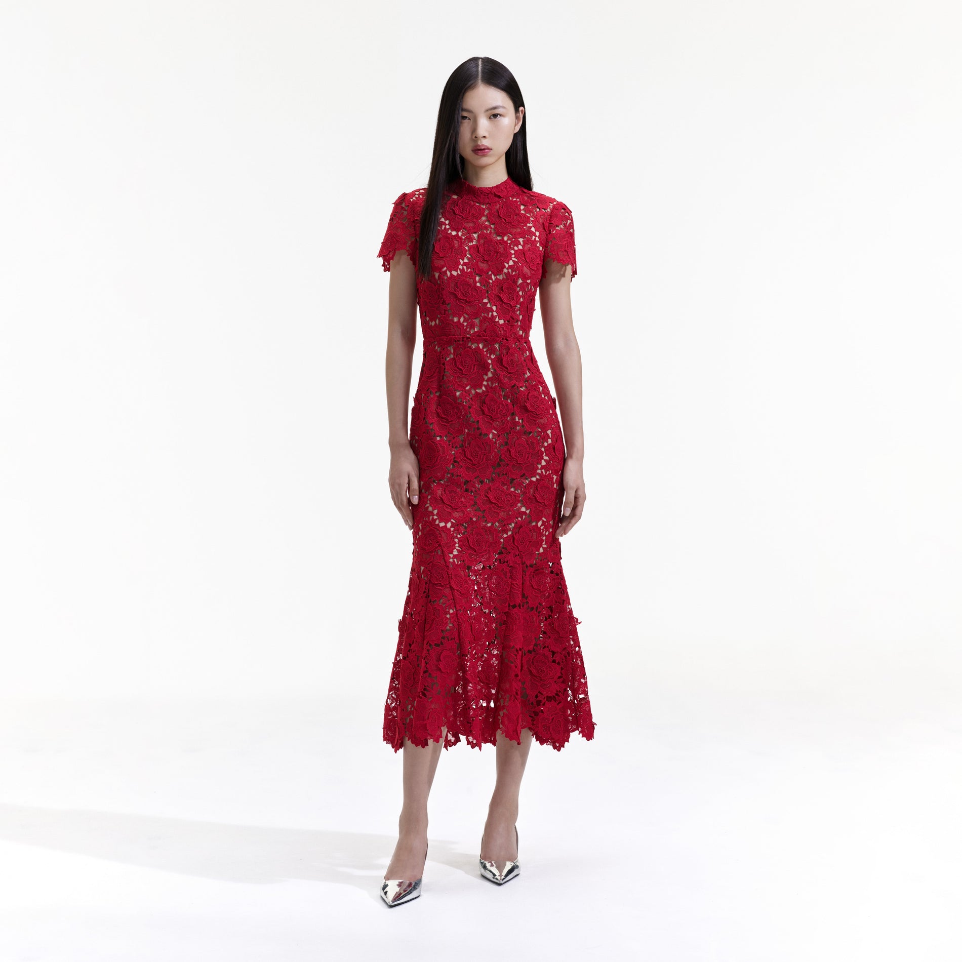 Front view of a woman wearing the Red Flower Lace Midi Dress