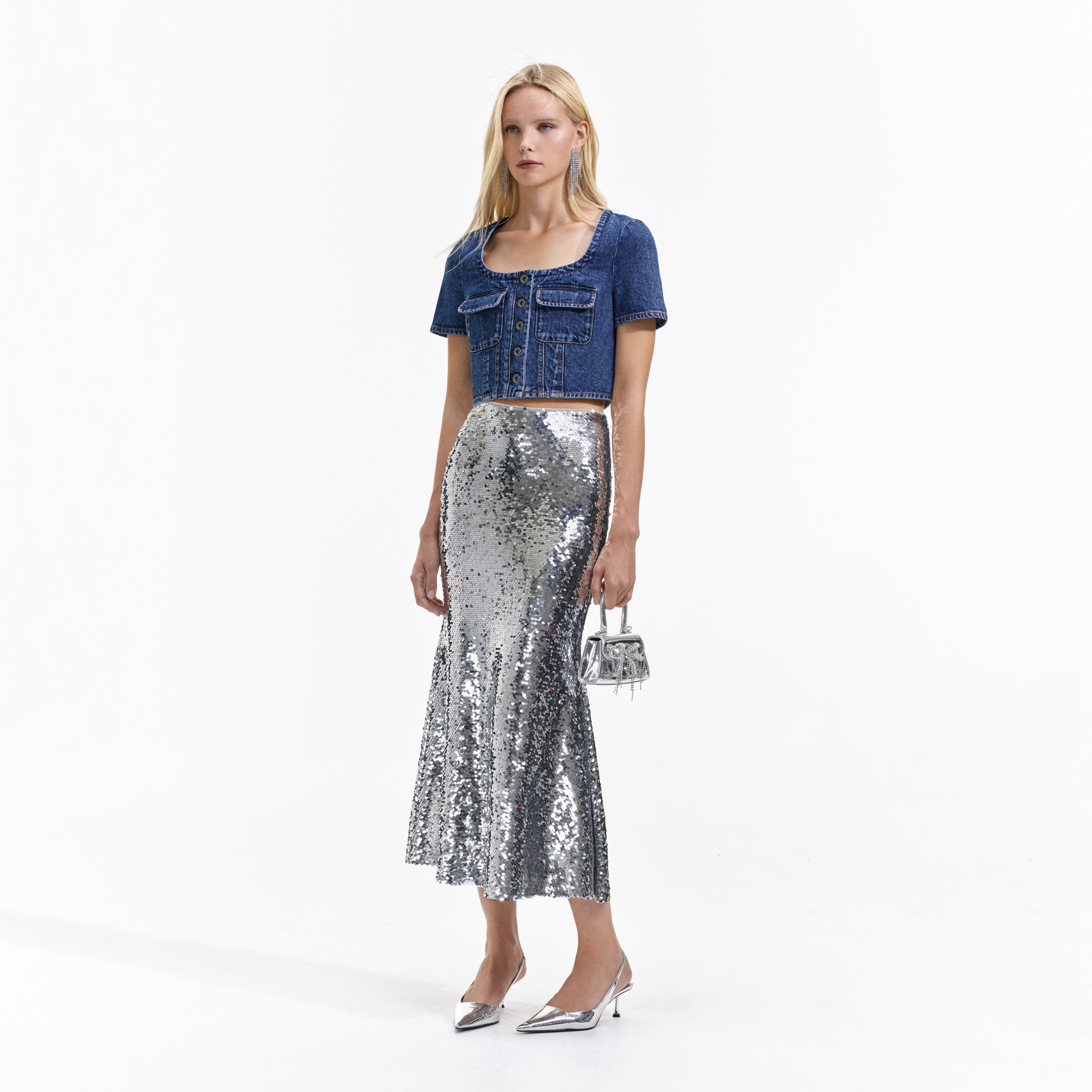Silver Sequin Midi Skirt
