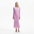 Pink Rhinestone Mesh Gathered Midi Dress