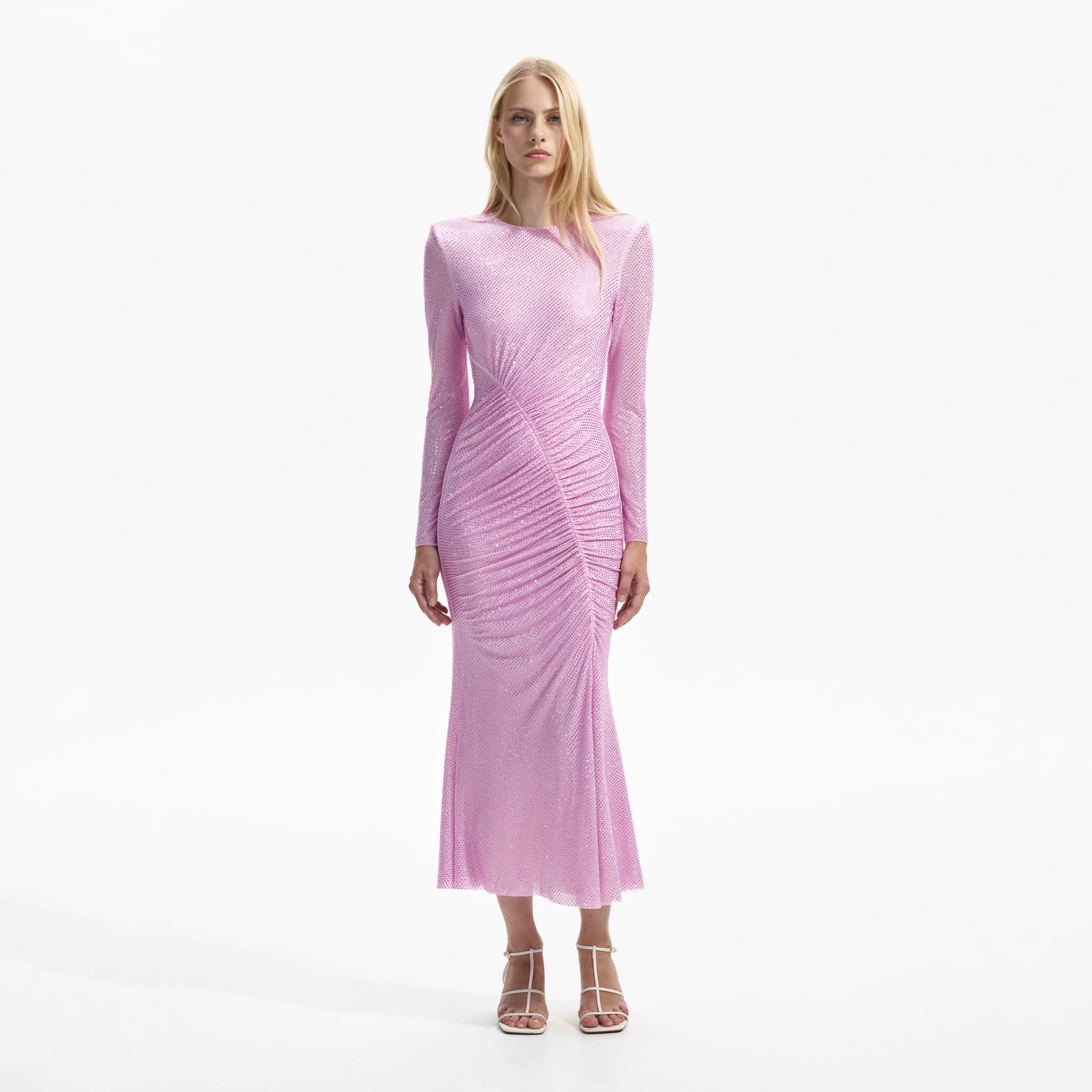 Pink Rhinestone Mesh Gathered Midi Dress